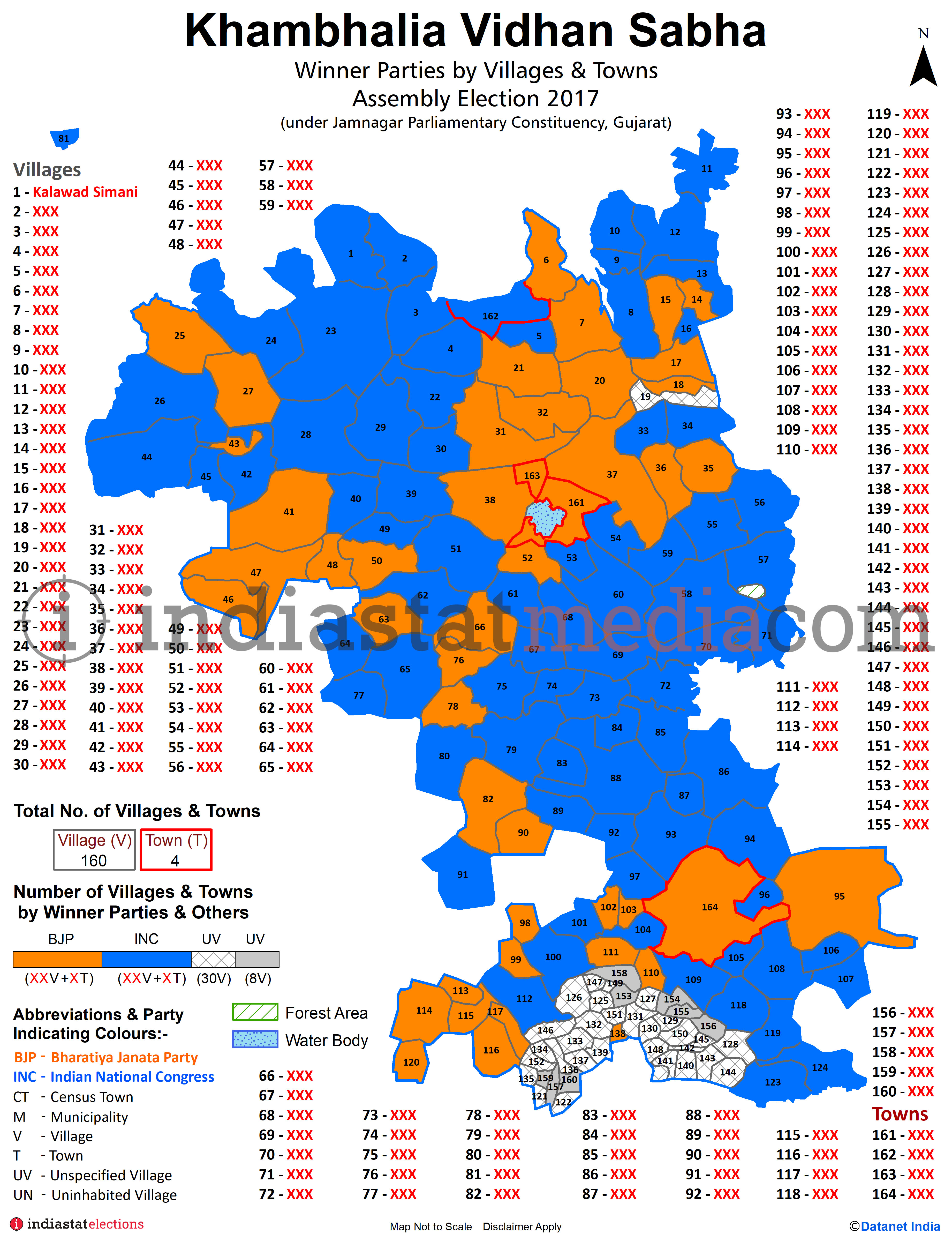 Winner Parties by Villages and Towns in Khambhalia Assembly Constituency under Jamnagar Parliamentary Constituency in Gujarat (Assembly Election - 2017)