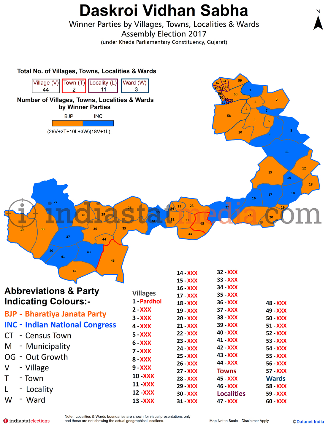 Winner Parties by Villages, Towns, Localities and Wards in Daskroi Assembly Constituency under Kheda Parliamentary Constituency in Gujarat (Assembly Election - 2017)