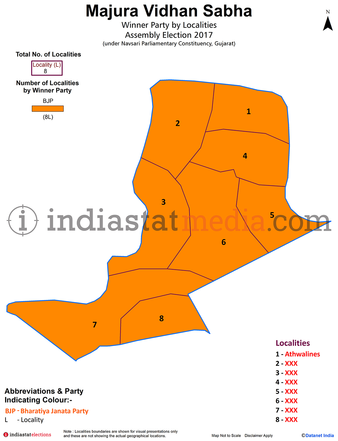 Winner Parties by Localities in Majura Assembly Constituency under Navsari Parliamentary Constituency in Gujarat (Assembly Election - 2017)