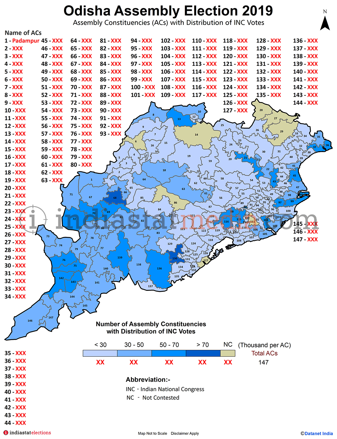 Distribution of INC Votes by Constituencies in Odisha (Assembly Election - 2019)