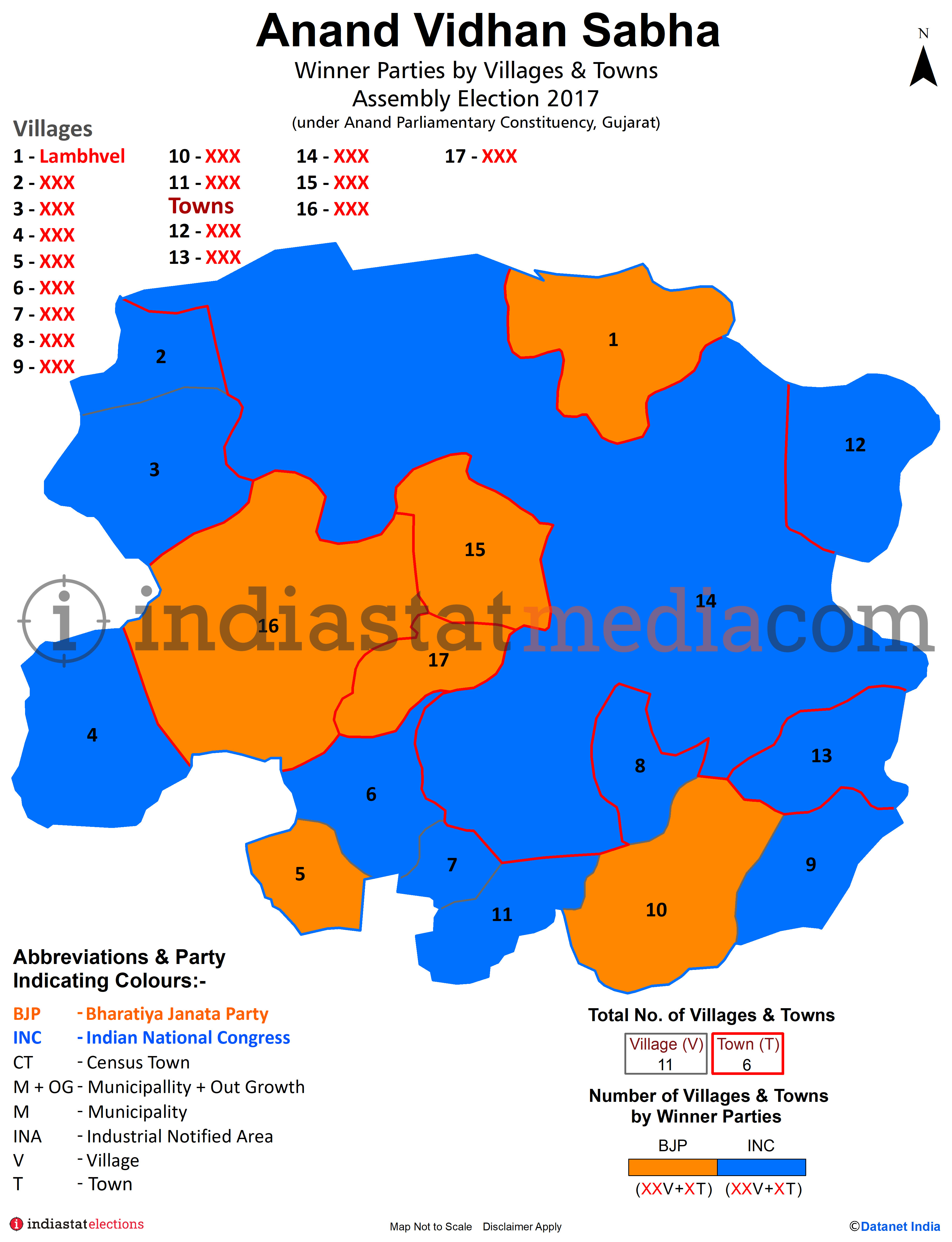 Winner Parties by Villages and Town in Anand Assembly Constituency under Anand Parliamentary Constituency in Gujarat (Assembly Election - 2017)