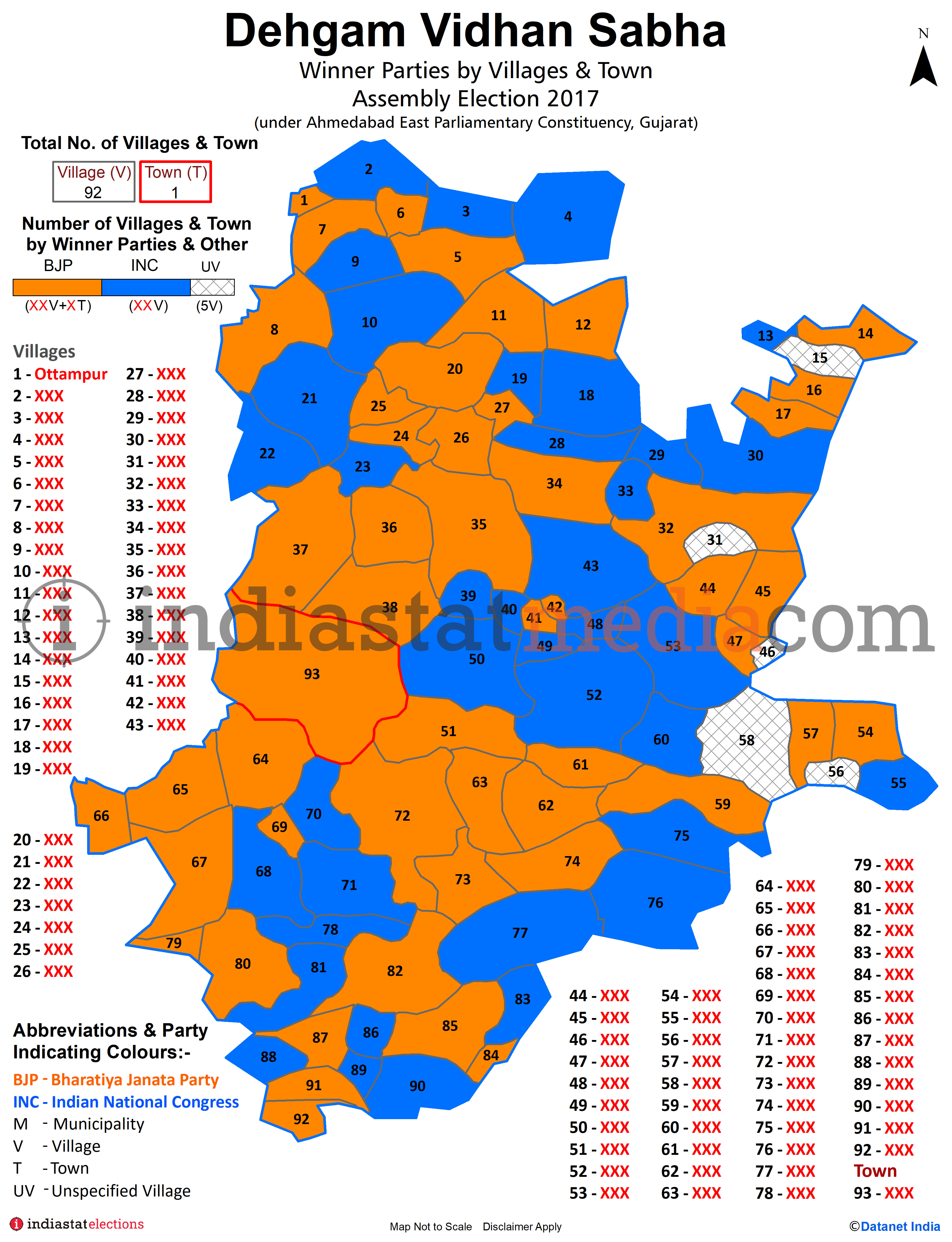 Winner Parties by Villages and Town in Dehgam Assembly Constituency under Ahmedabad East Parliamentary Constituency in Gujarat (Assembly Election - 2017)