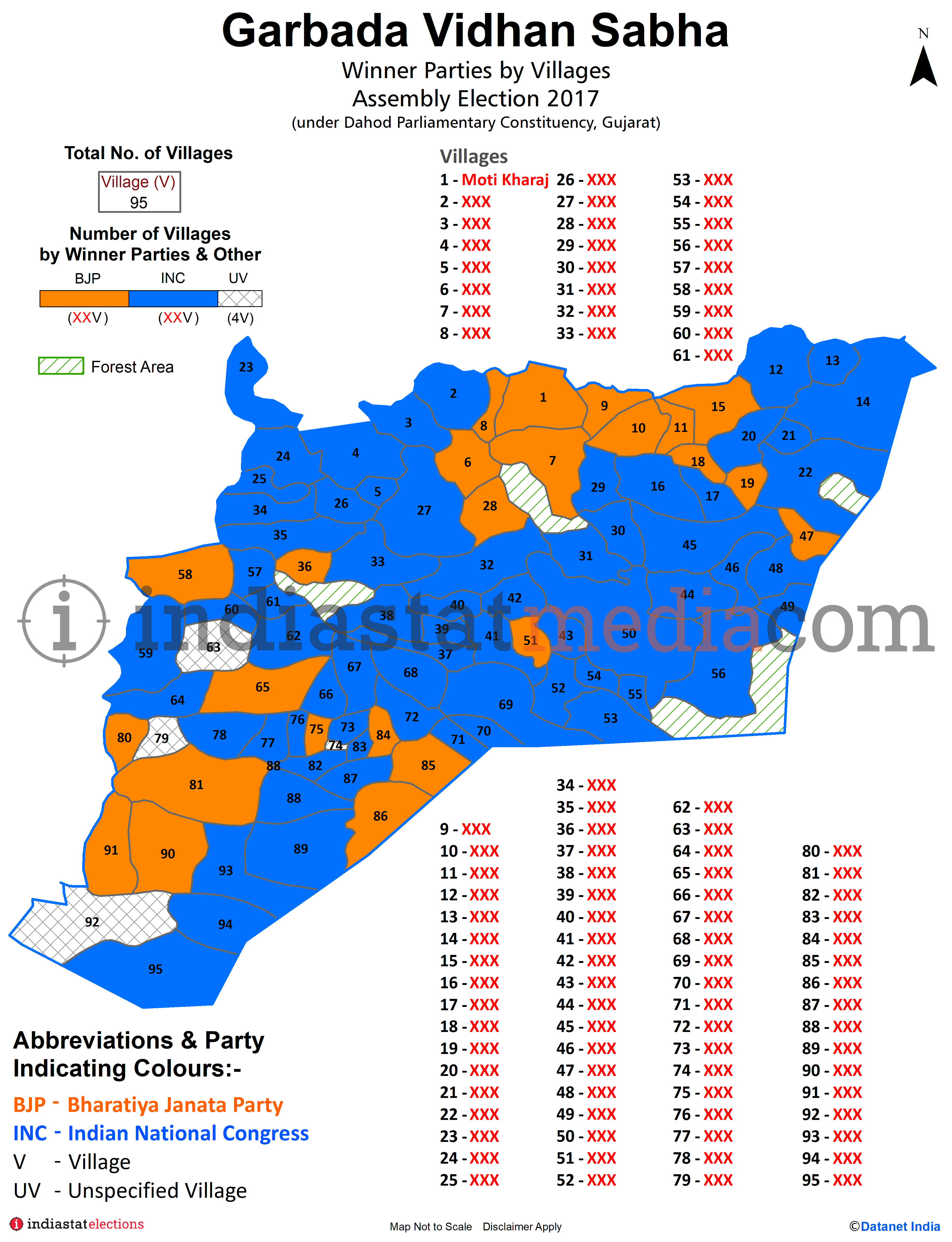 Winner Parties by Villages in Garbada Assembly Constituency under Dahod Parliamentary Constituency in Gujarat (Assembly Election - 2017)