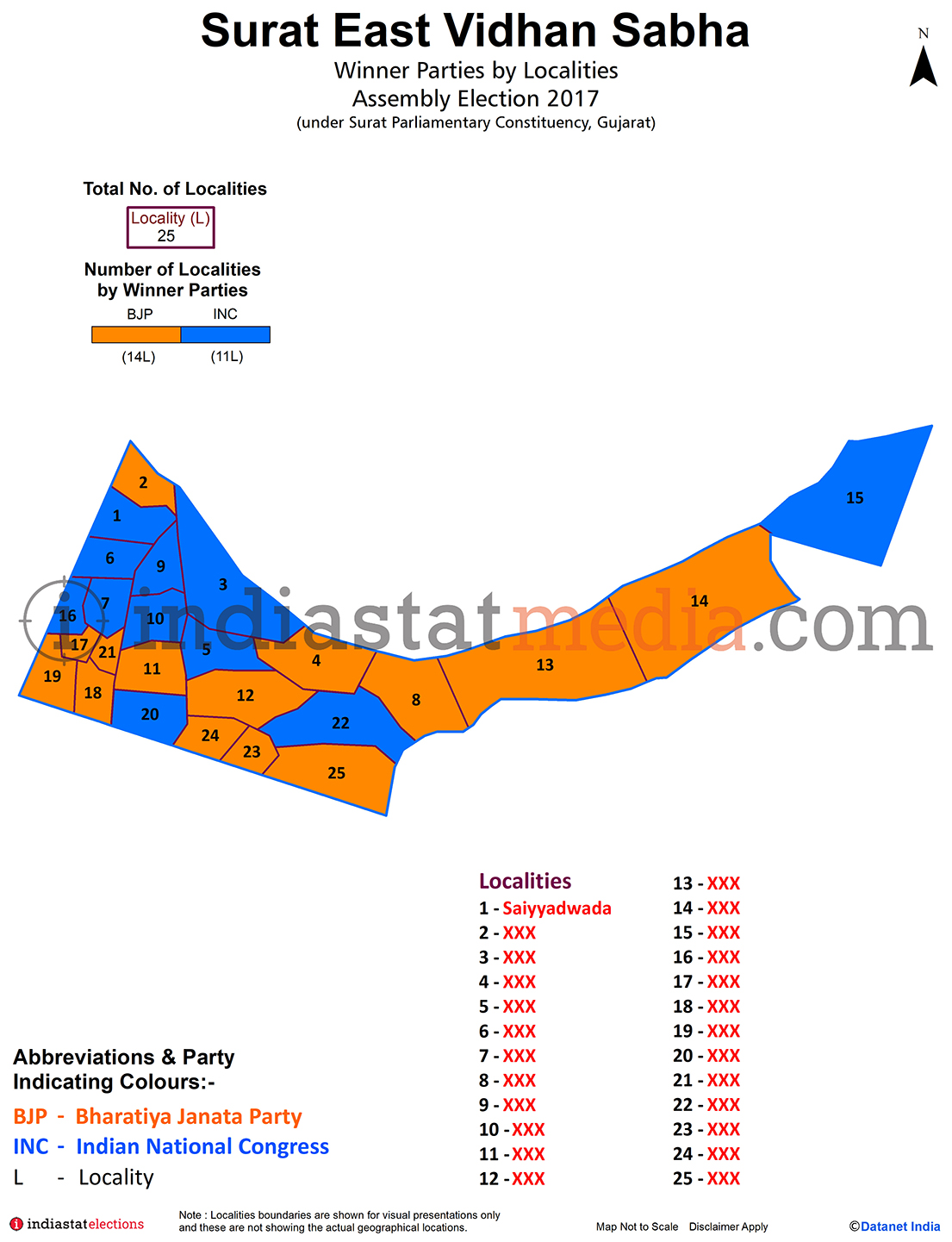 Winner Parties by Localities in Surat East Assembly Constituency under Surat Parliamentary Constituency in Gujarat (Assembly Election - 2017)