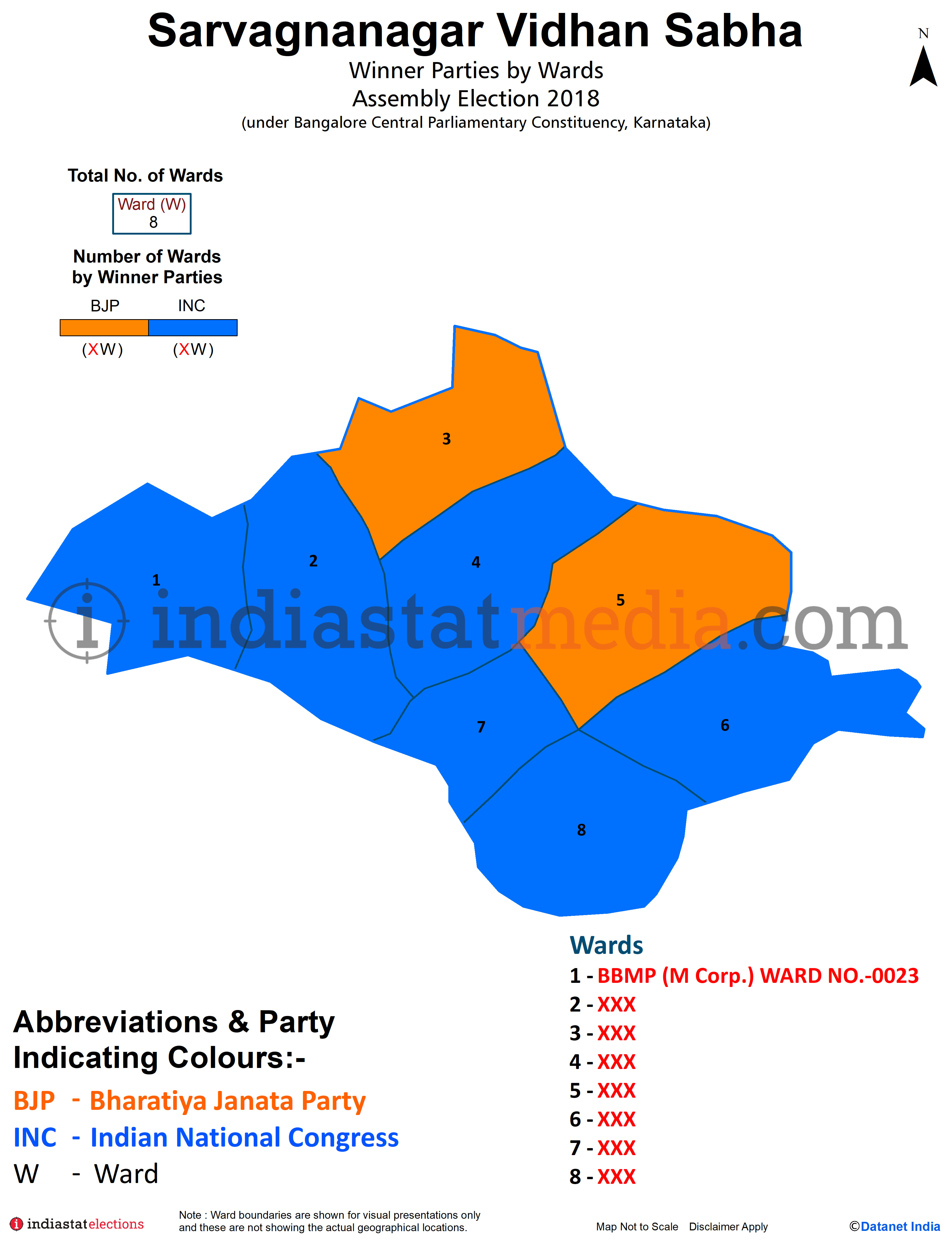 Winner Parties by Ward in Sarvagnanagar Assembly Constituency under Bangalore Central Parliamentary Constituency in Karnataka (Assembly Election - 2018)