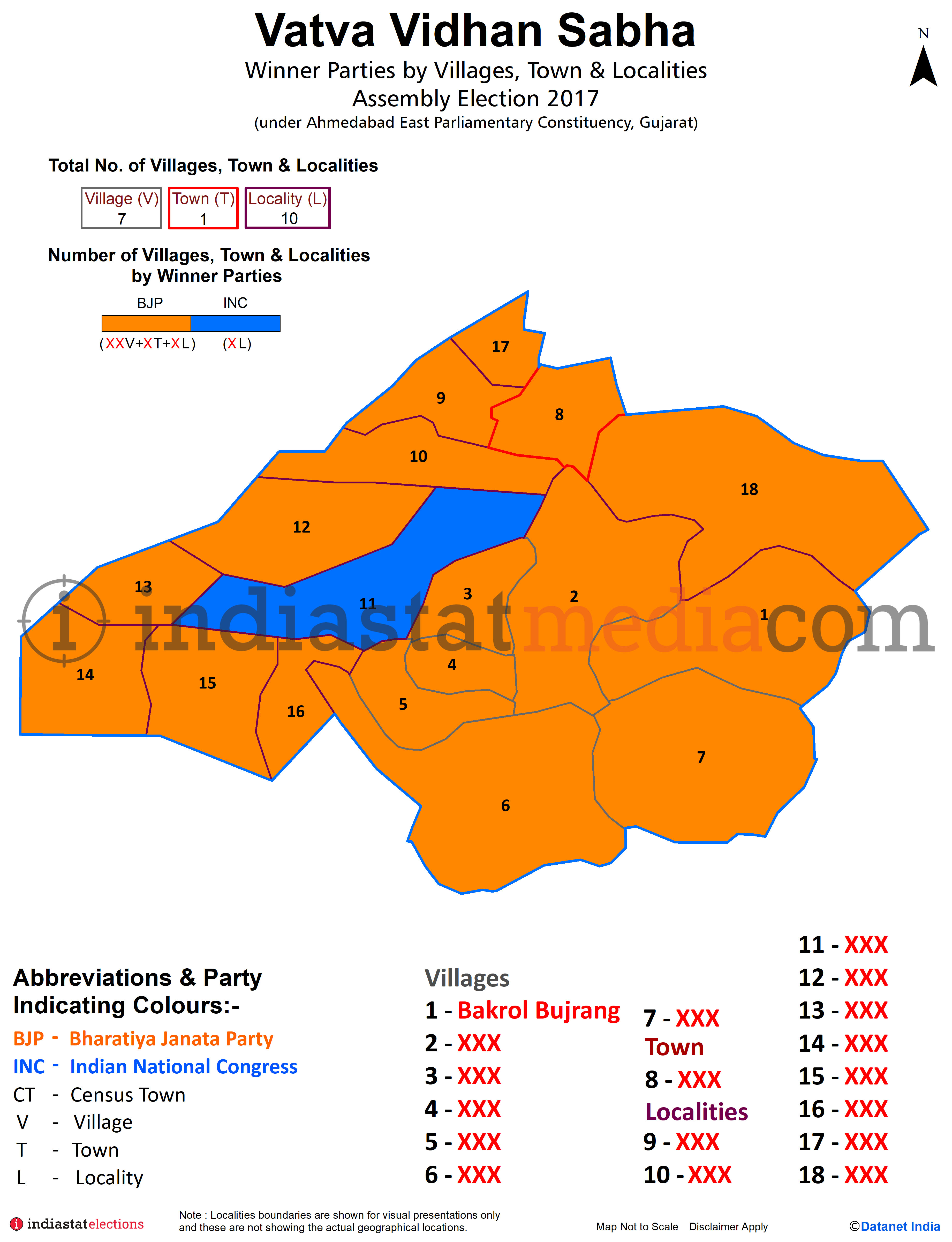 Winner Parties by Villages, Town and Localities in Vatva Assembly Constituency under Ahmedabad East Parliamentary Constituency in Gujarat (Assembly Election - 2017)