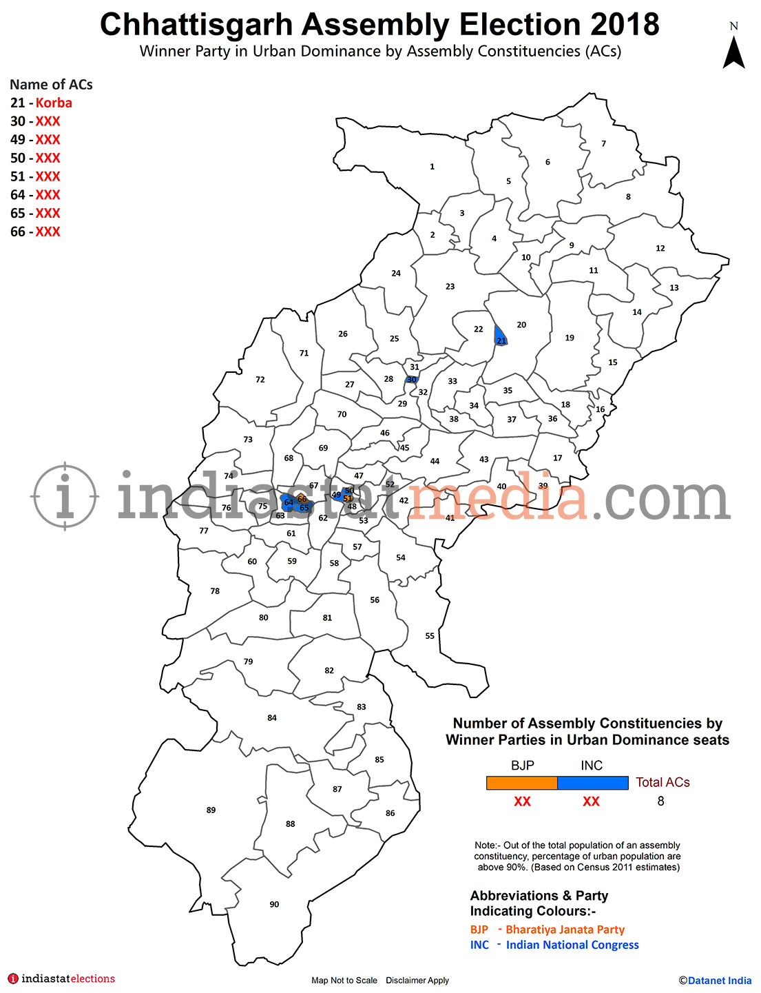Winner Parties in Urban Dominance Constituencies in Chhattisgarh (Assembly Election - 2018)