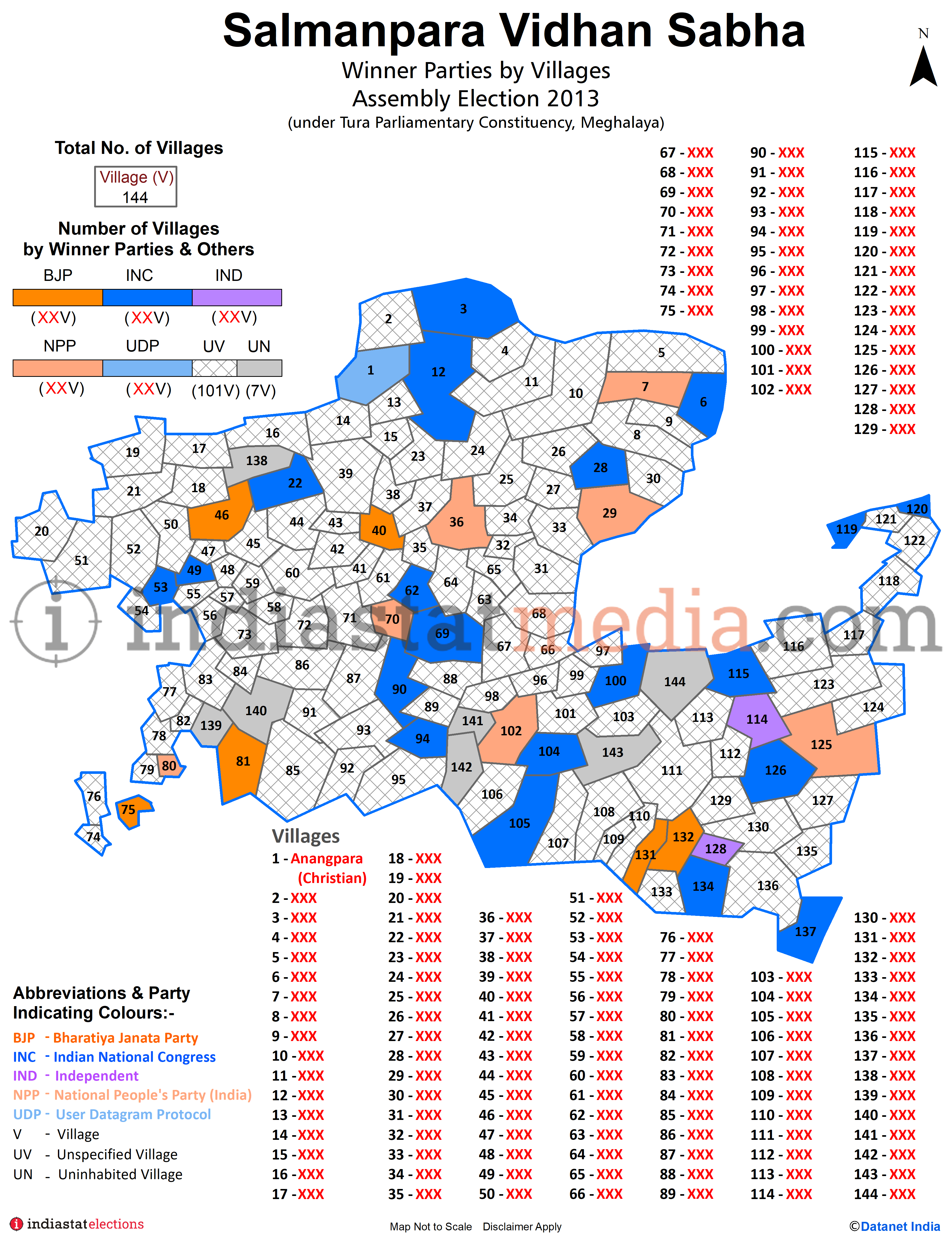 Winner Parties by Villages and Town in Salmanpara Assembly Constituency under Tura Parliamentary Constituency in Meghalaya (Assembly Election - 2013)