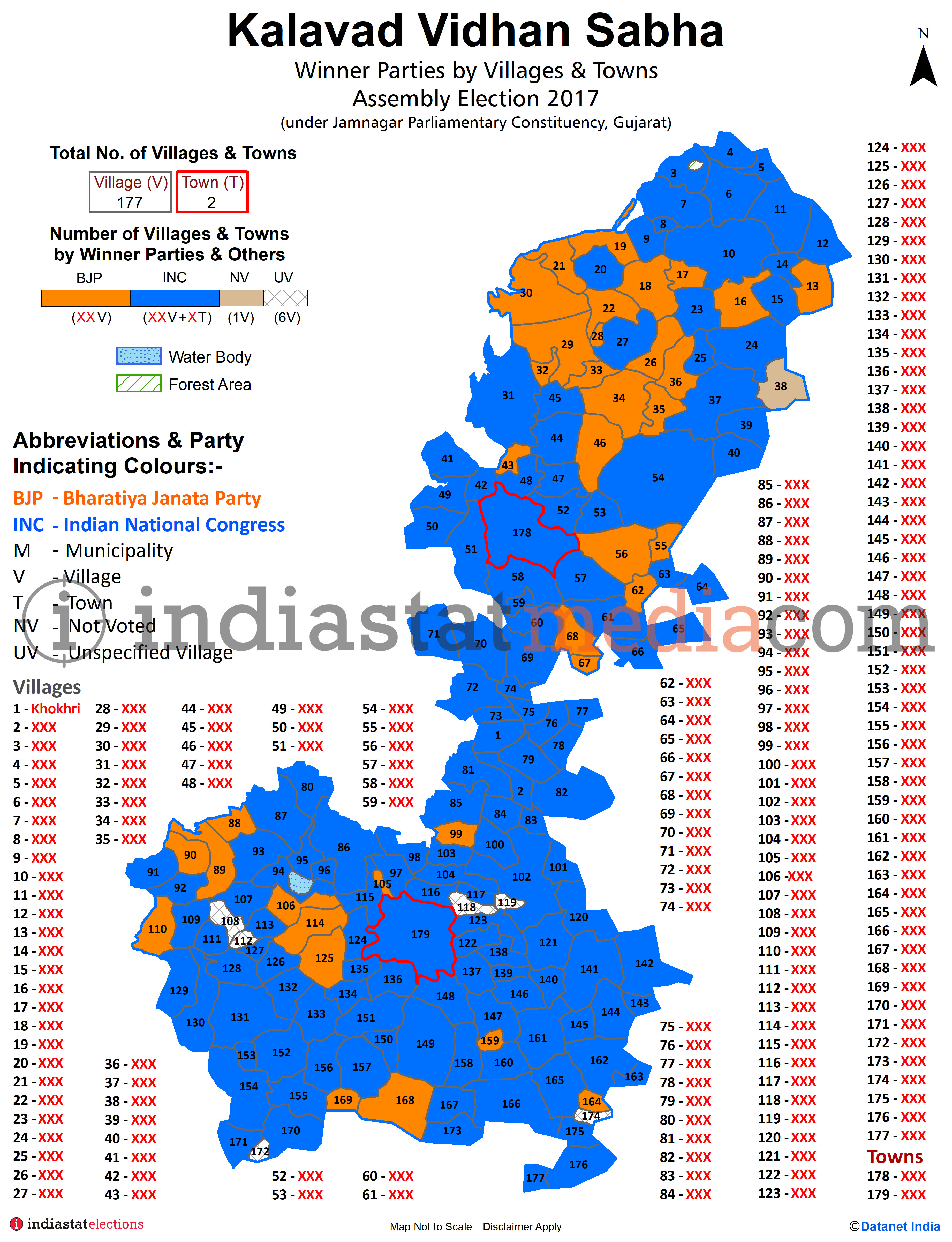 Winner Parties by Villages and Towns in Kalavad Assembly Constituency under jamnagar Parliamentary Constituency in Gujarat (Assembly Election - 2017)