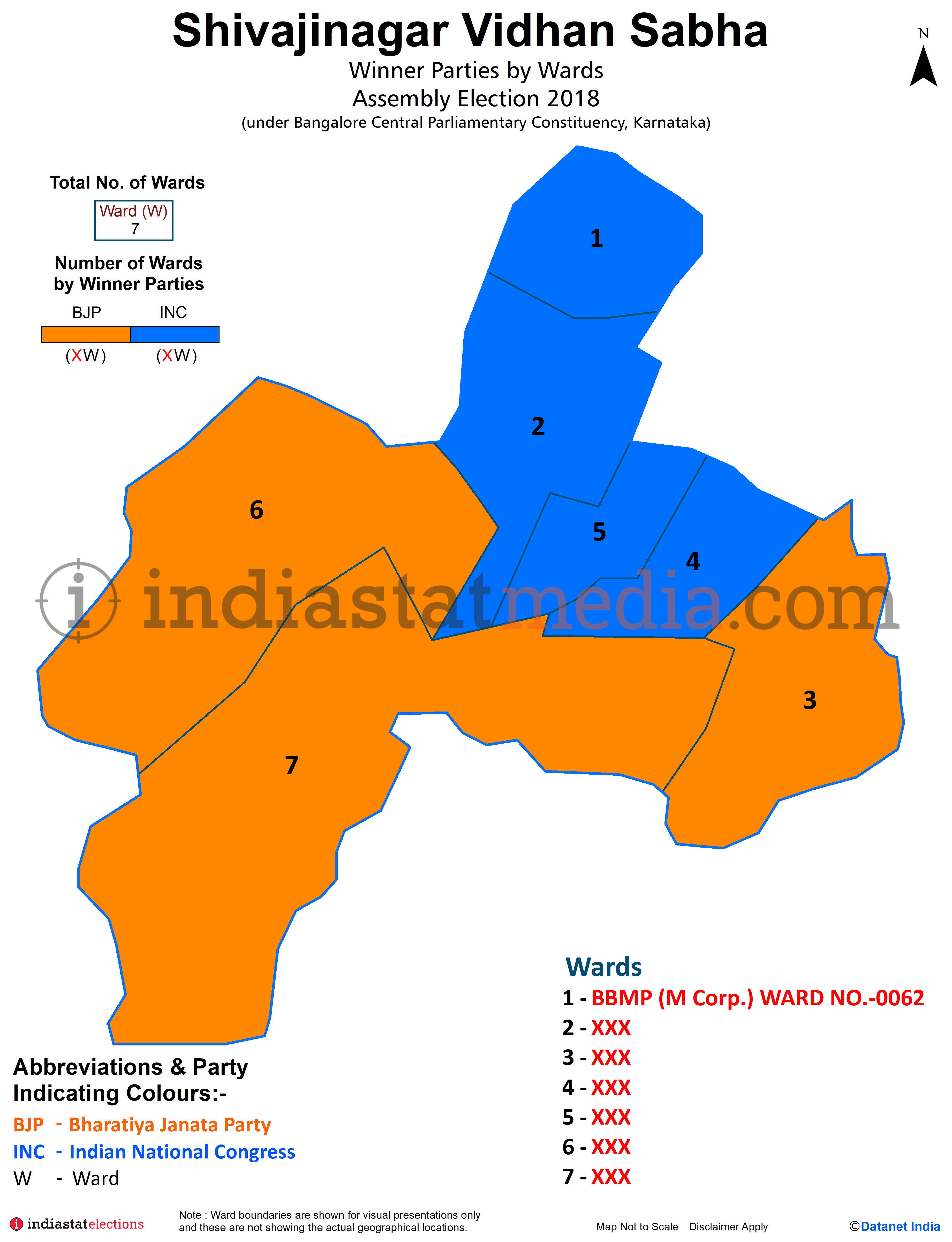 Winner Parties by Ward in Shivajinagar Assembly Constituency under Bangalore Central Parliamentary Constituency in Karnataka (Assembly Election - 2018)
