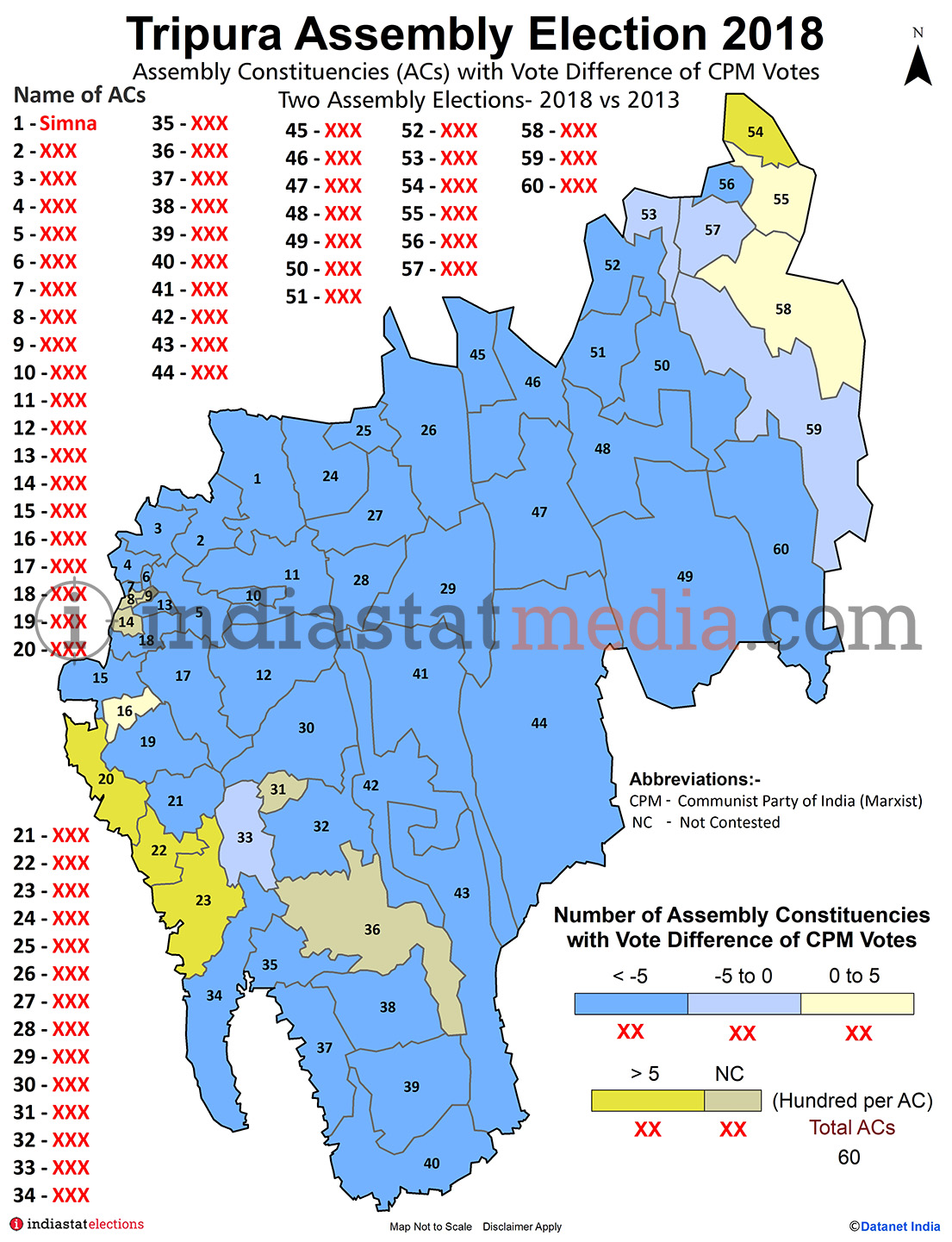 Assembly Constituencies with Vote Difference of CPM Votes in Tripura (Assembly Elections - 2013 & 2018)
