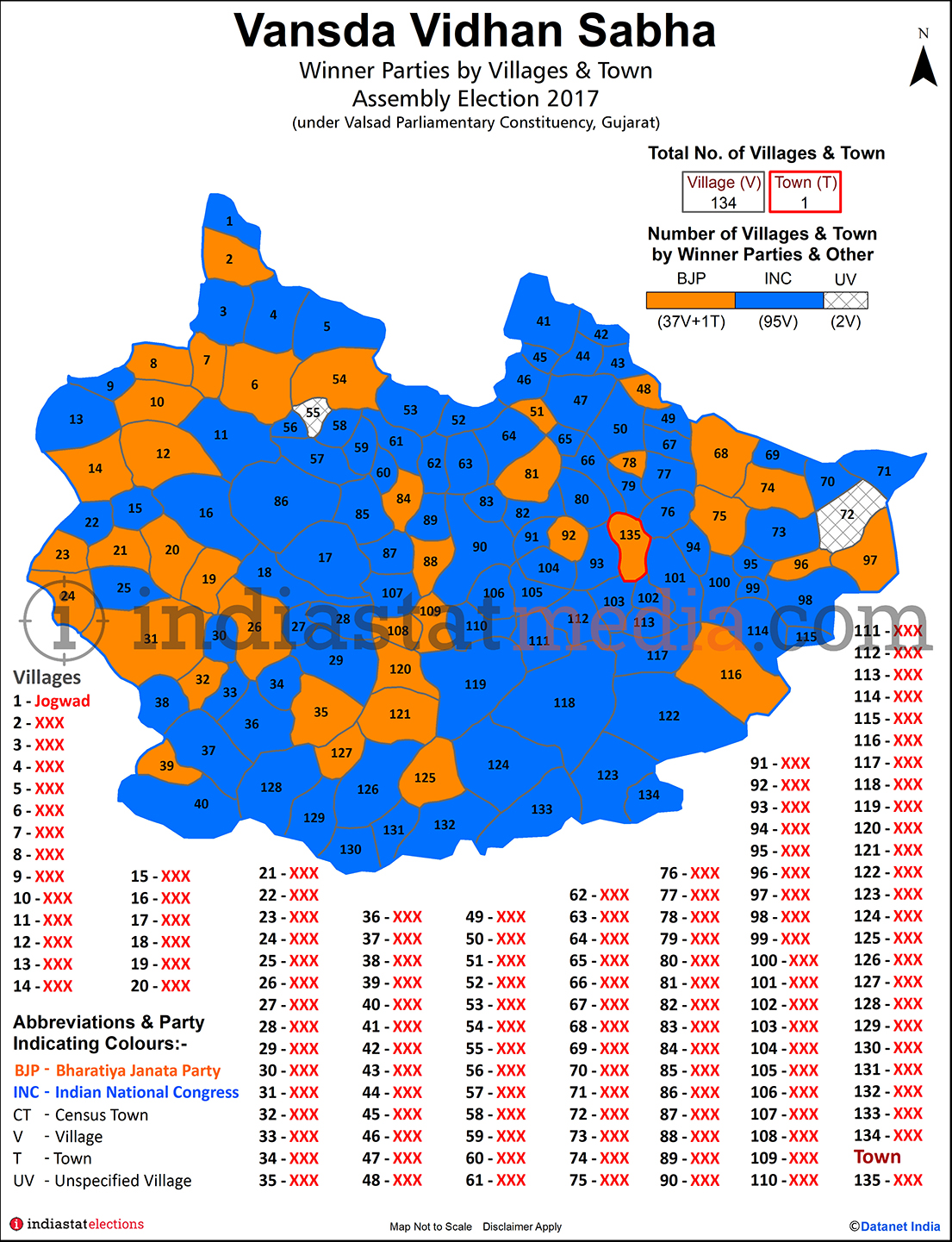 Winner Parties by Villages and Towns in Vansda Assembly Constituency under Valsad Parliamentary Constituency in Gujarat (Assembly Election - 2017)