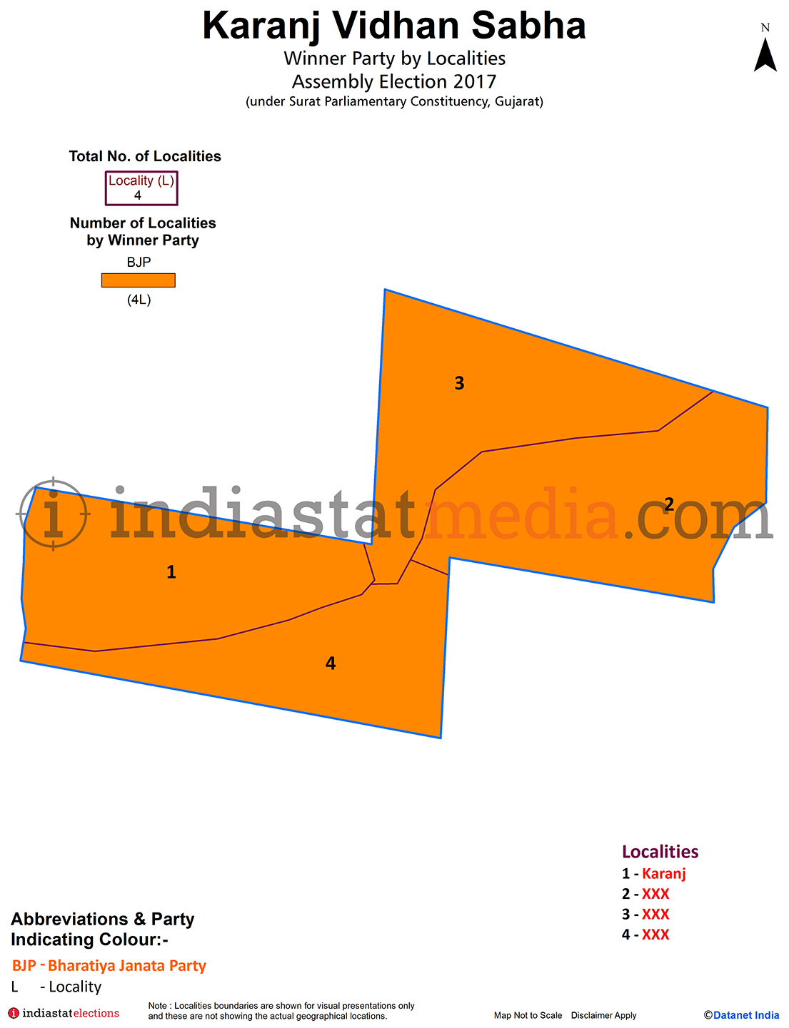 Winner Parties by Localities in Karanj Assembly Constituency under Surat Parliamentary Constituency in Gujarat (Assembly Election - 2017)