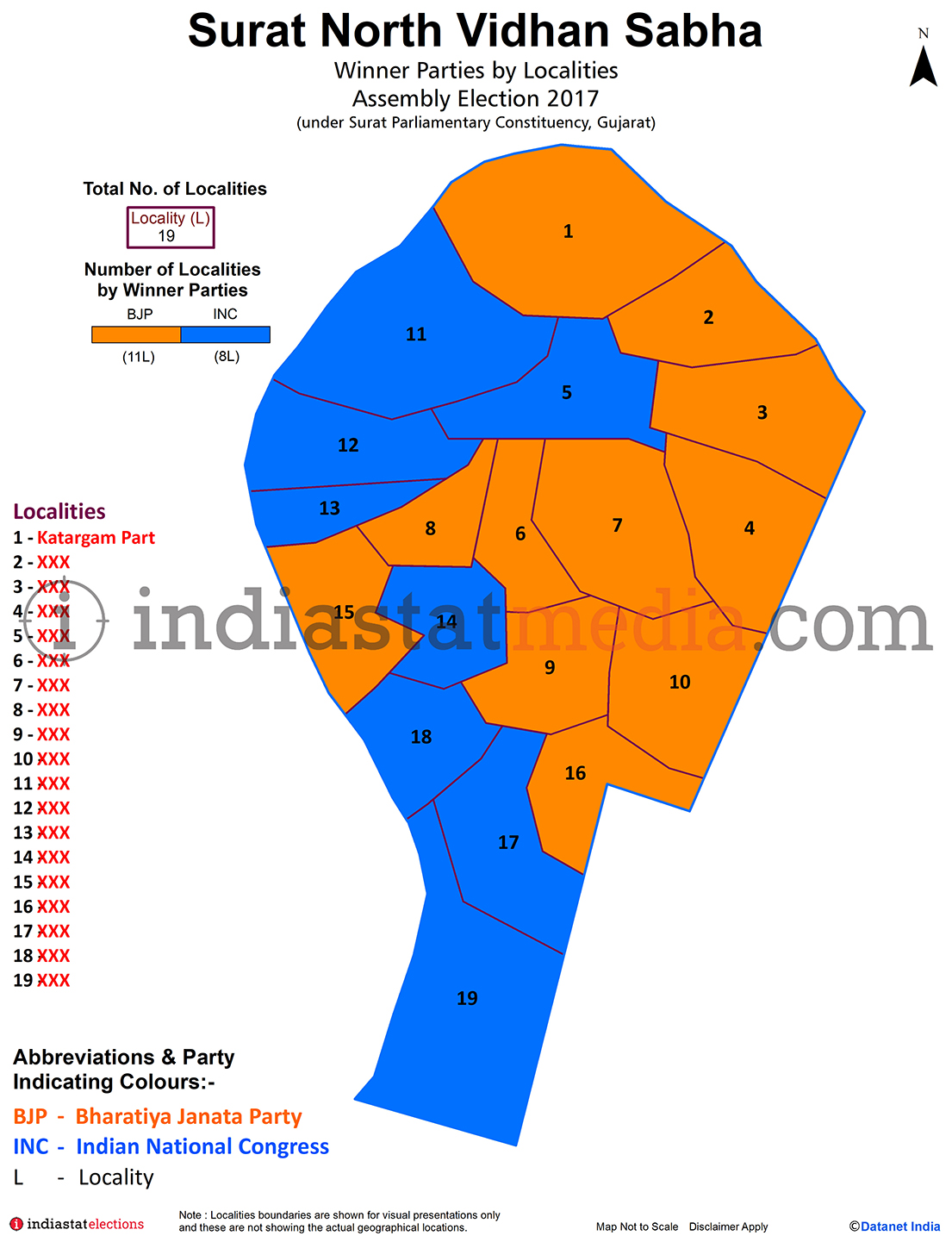 Winner Parties by Localities in Surat North Assembly Constituency under Surat Parliamentary Constituency in Gujarat (Assembly Election - 2017)