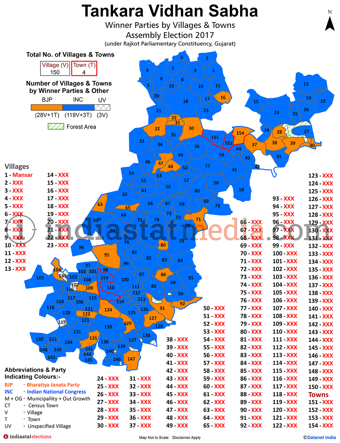 Winner Parties by Villages and Towns in Tankara Assembly Constituency under Rajkot Parliamentary Constituency in Gujarat (Assembly Election - 2017)