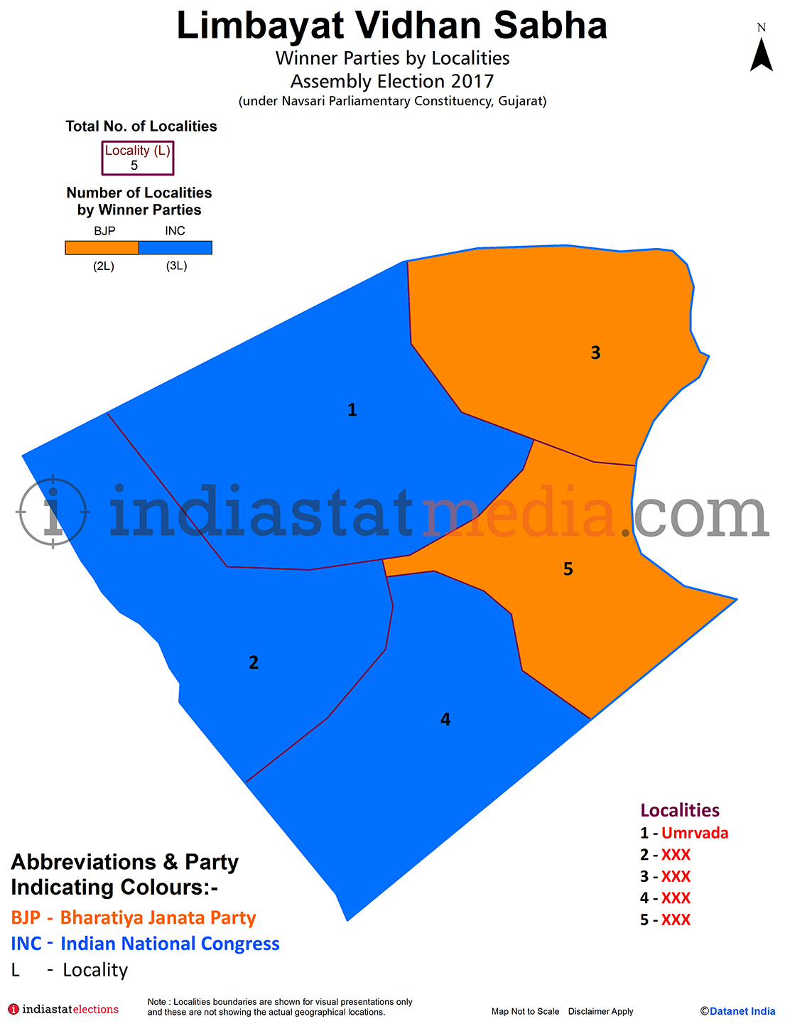 Winner Parties by Localities in Limbayat Assembly Constituency under Navsari Parliamentary Constituency in Gujarat (Assembly Election - 2017)