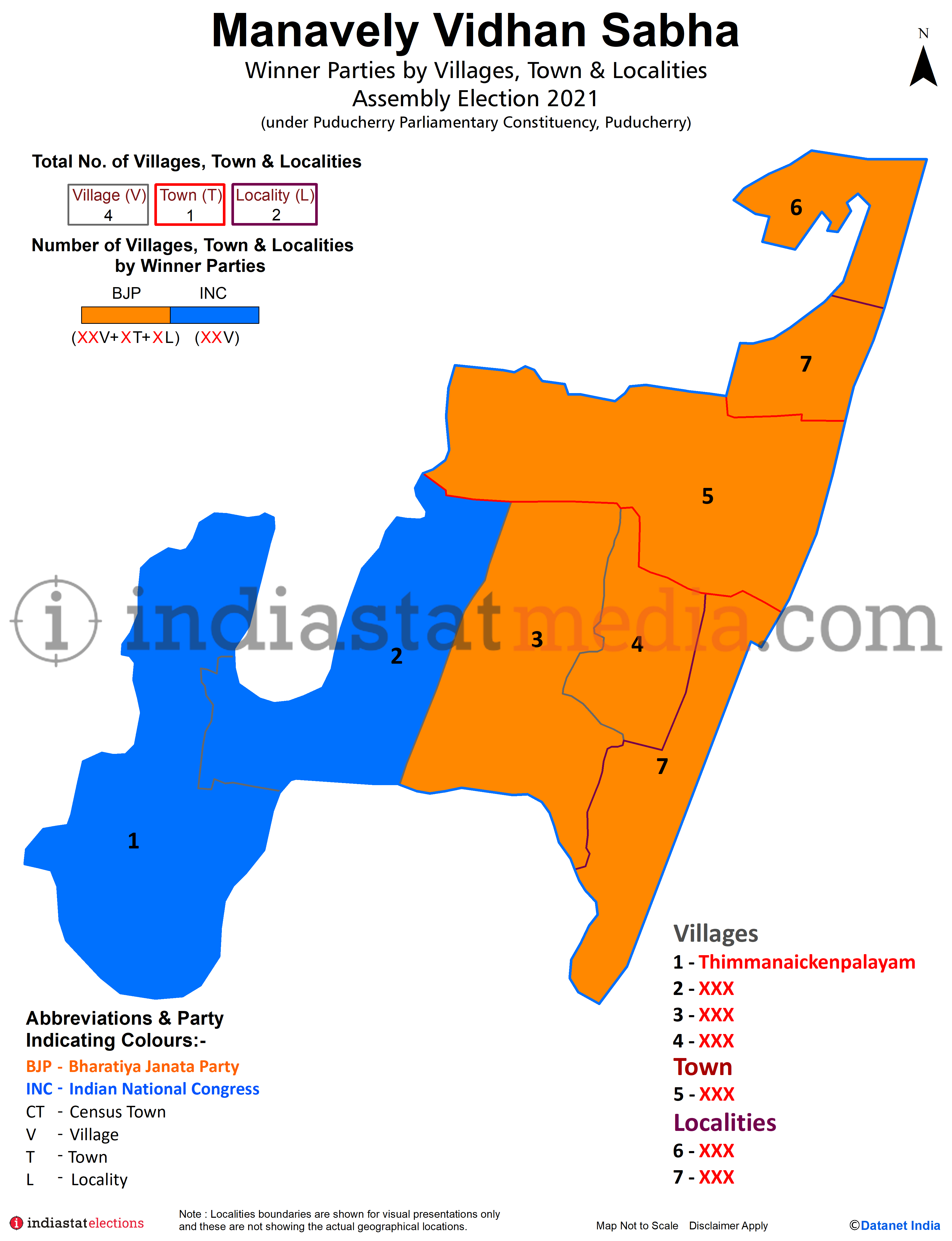 Winner Parties by Villages and Town in Manavely Assembly Constituency under Puducherry Parliamentary Constituency in Puducherry (Assembly Election - 2021)