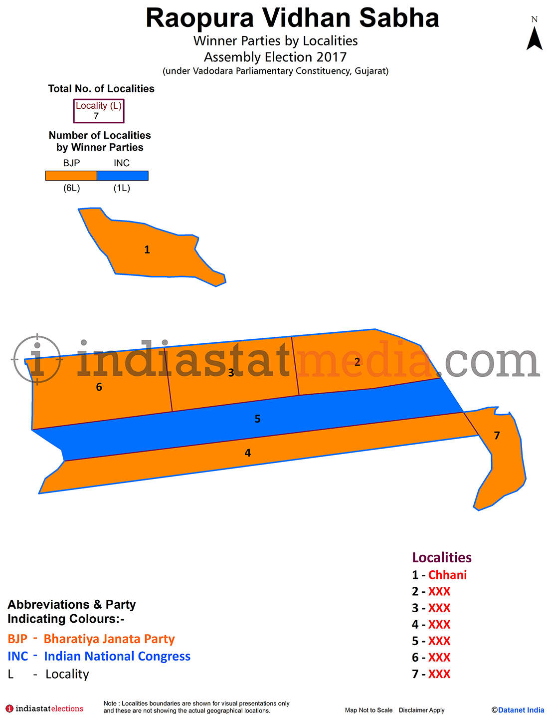 Winner Parties by Localities in Raopura Assembly Constituency under Vadodara Parliamentary Constituency in Gujarat (Assembly Election - 2017)