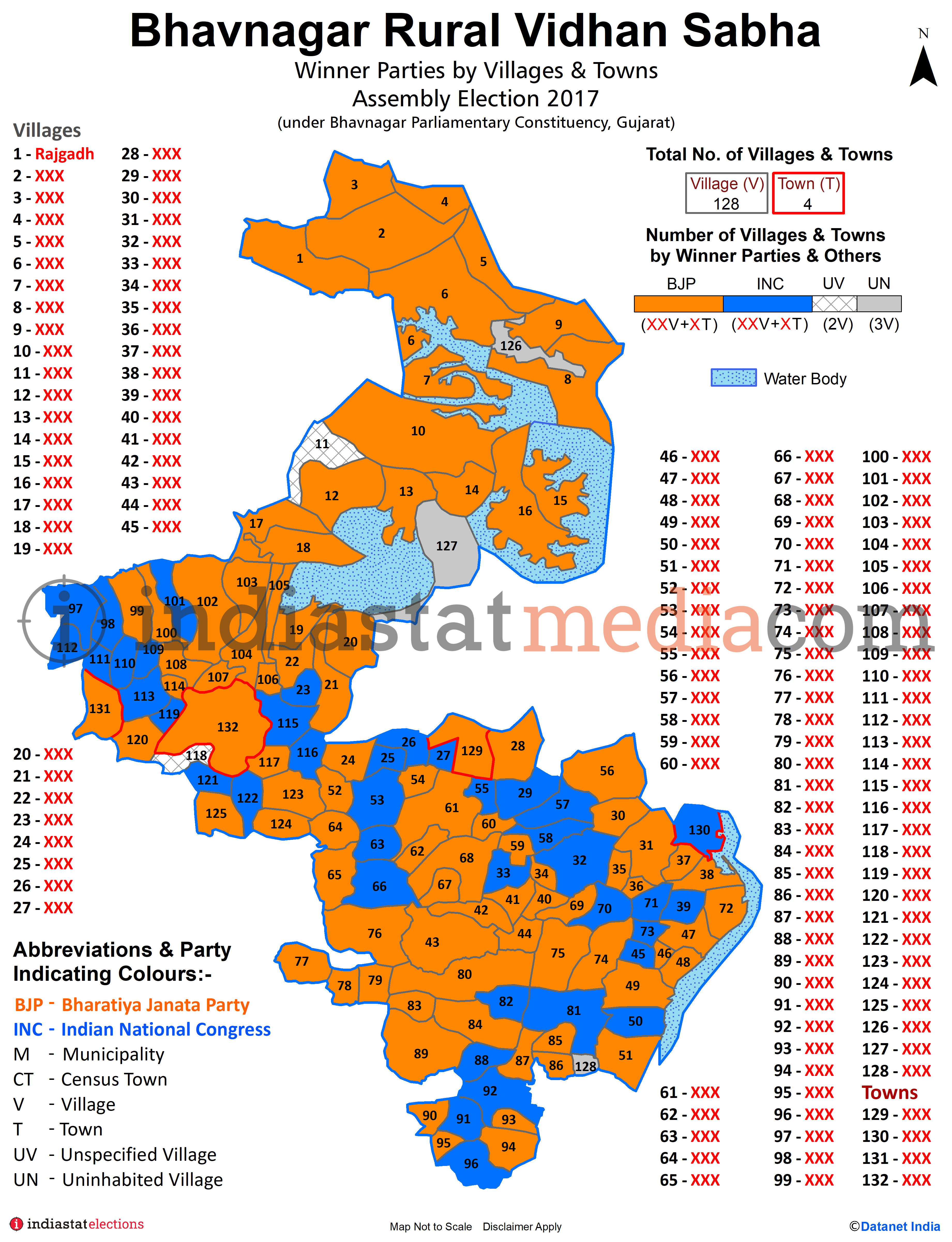 Winner Parties by Villages and Towns in Bhavnagar Rural Assembly Constituency under Bhavnagar Parliamentary Constituency in Gujarat (Assembly Election - 2017)