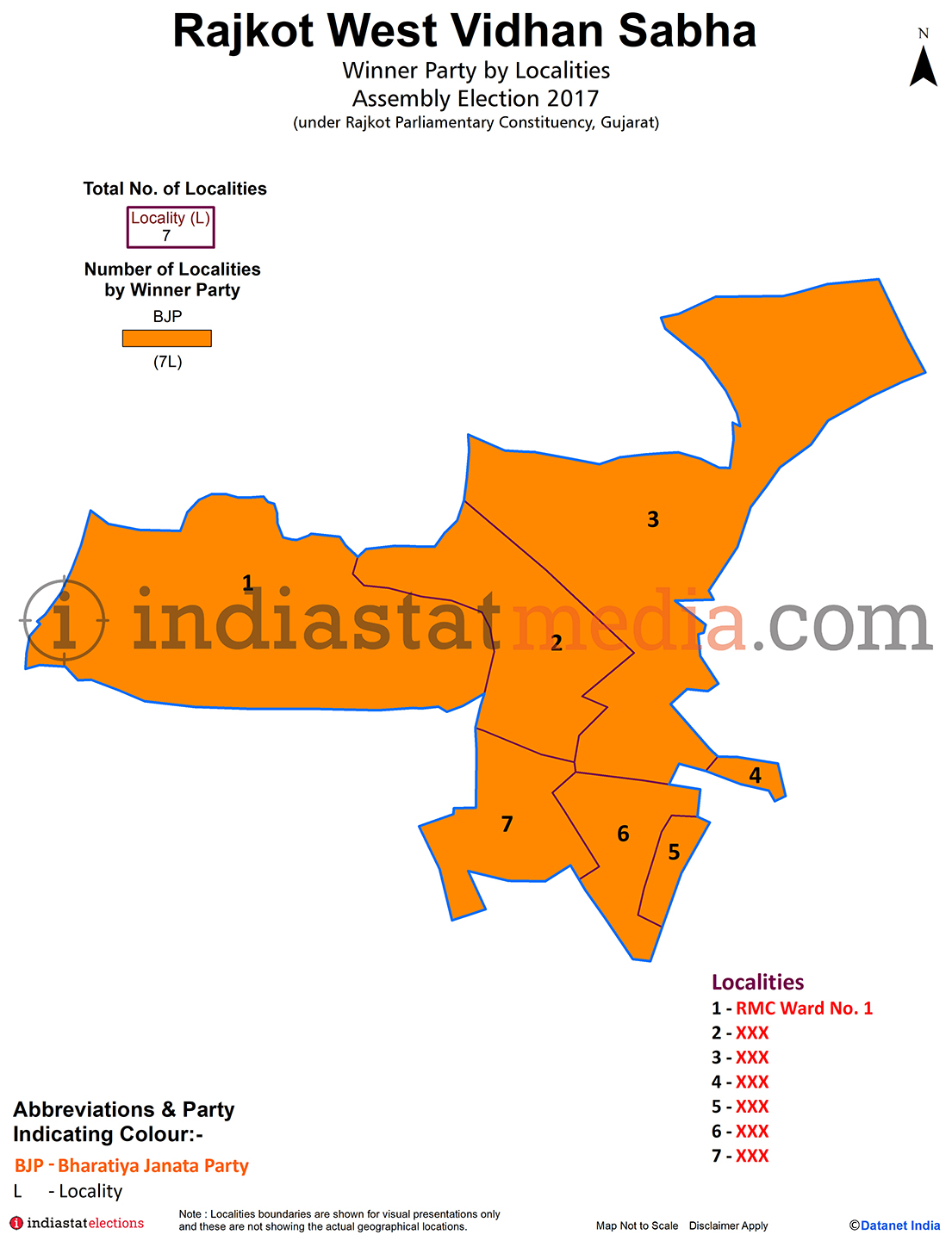 Winner Parties by Localities in Rajkot West Assembly Constituency under Rajkot Parliamentary Constituency in Gujarat (Assembly Election - 2017)