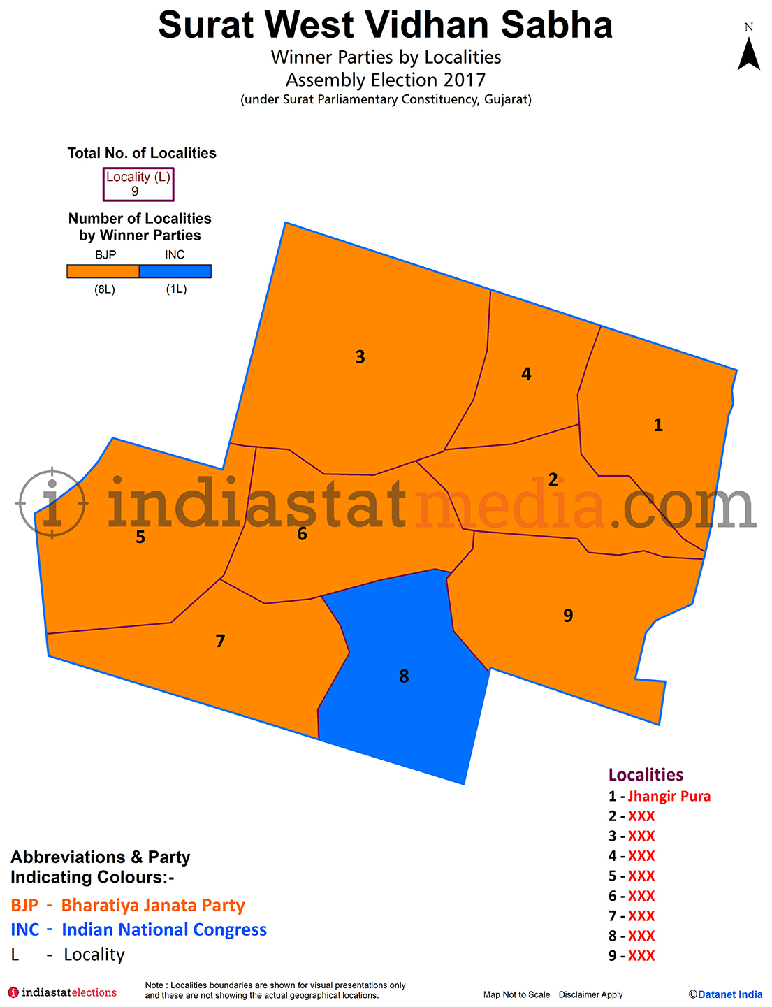 Winner Parties by Localities in Surat West Assembly Constituency under Surat Parliamentary Constituency in Gujarat (Assembly Election - 2017)