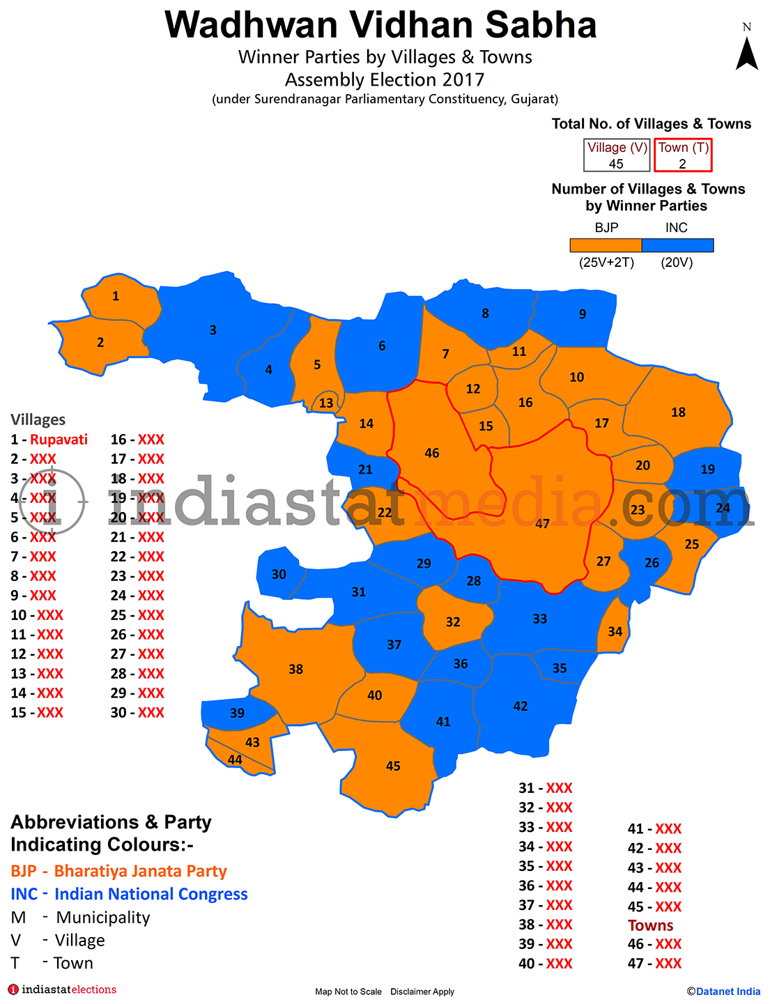 Winner Parties by Villages and Towns in Wadhwan Assembly Constituency under Surendranagar Parliamentary Constituency in Gujarat (Assembly Election - 2017)