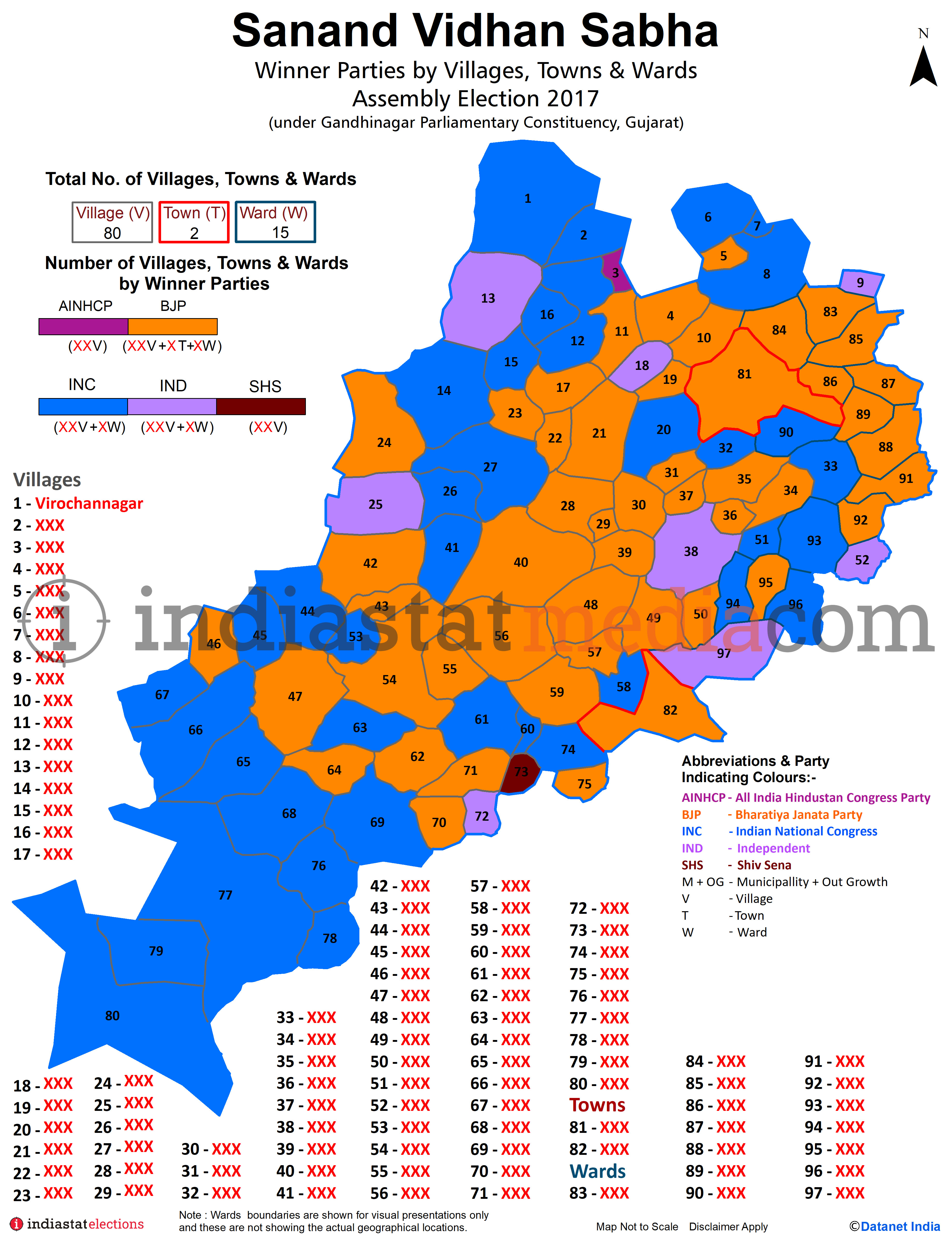 Winner Parties by Villages, Towns & Wards in Sanand Assembly Constituency under Gandhinagar Parliamentary Constituency in Gujarat (Assembly Election - 2017)