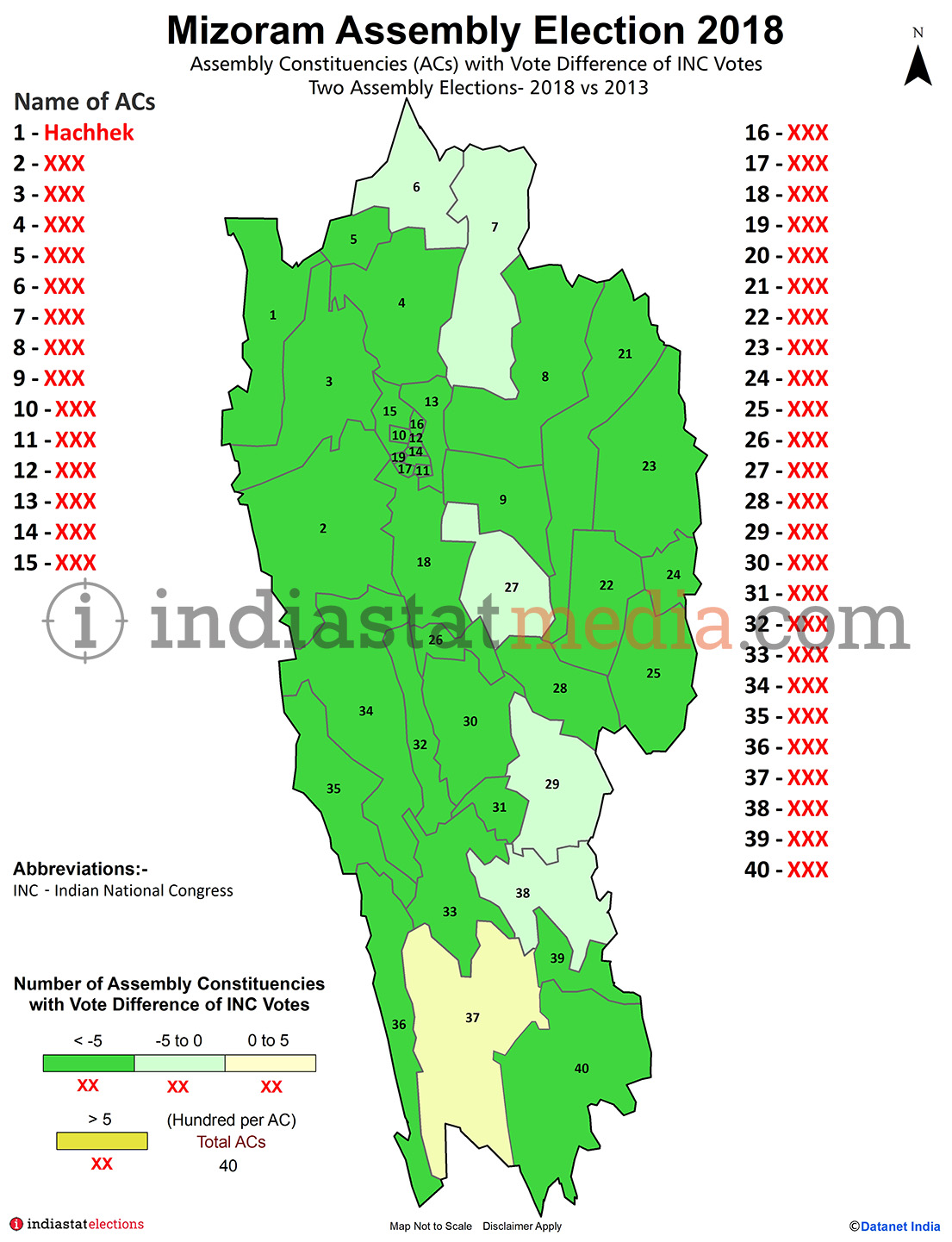 Assembly Constituencies with Vote Difference of INC Votes in Mizoram (Assembly Elections - 2013 & 2018)