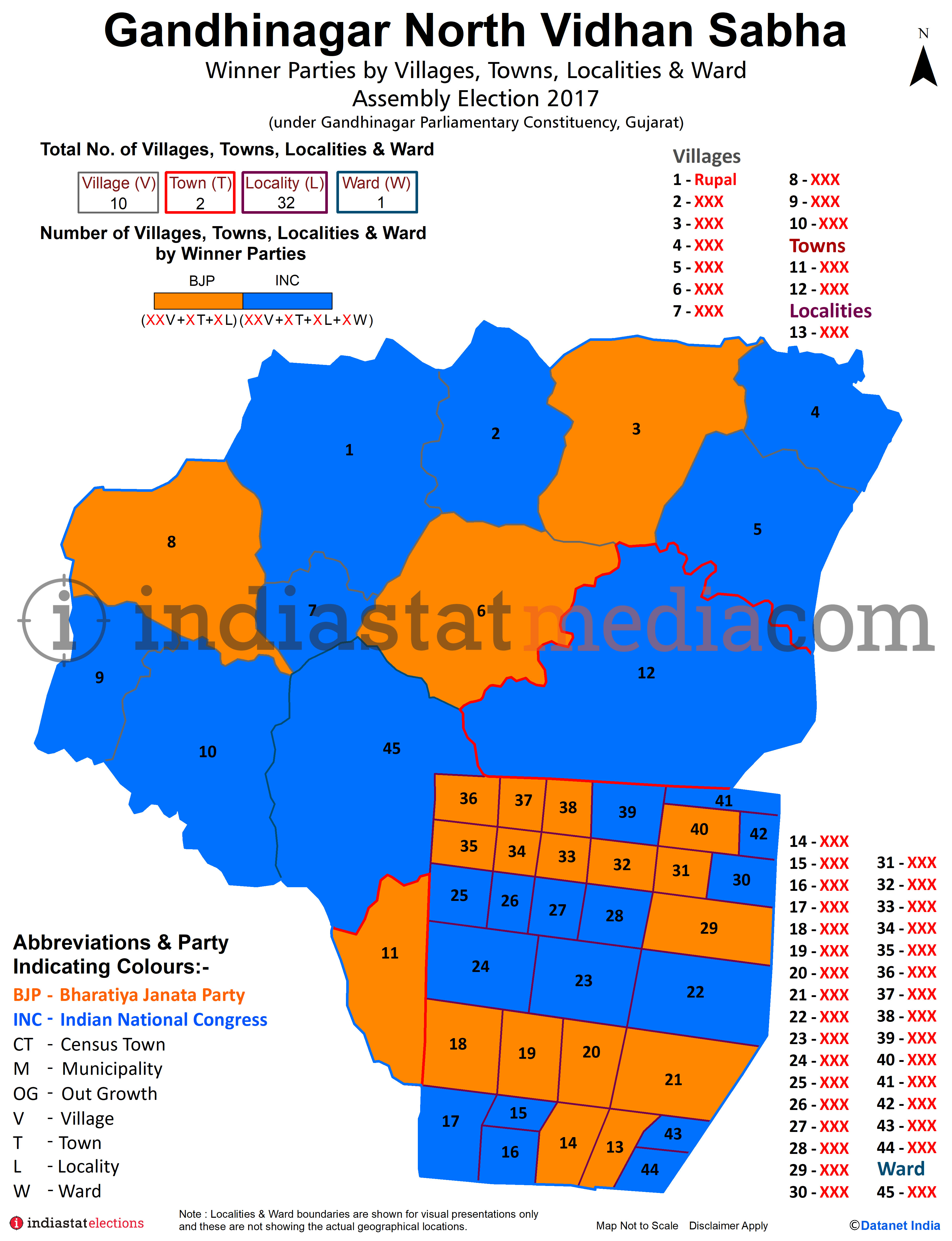 Winner Parties by Villages, Towns, Localities & Ward in Gandhinagar North Assembly Constituency under Gandhinagar Parliamentary Constituency in Gujarat (Assembly Election - 2017)