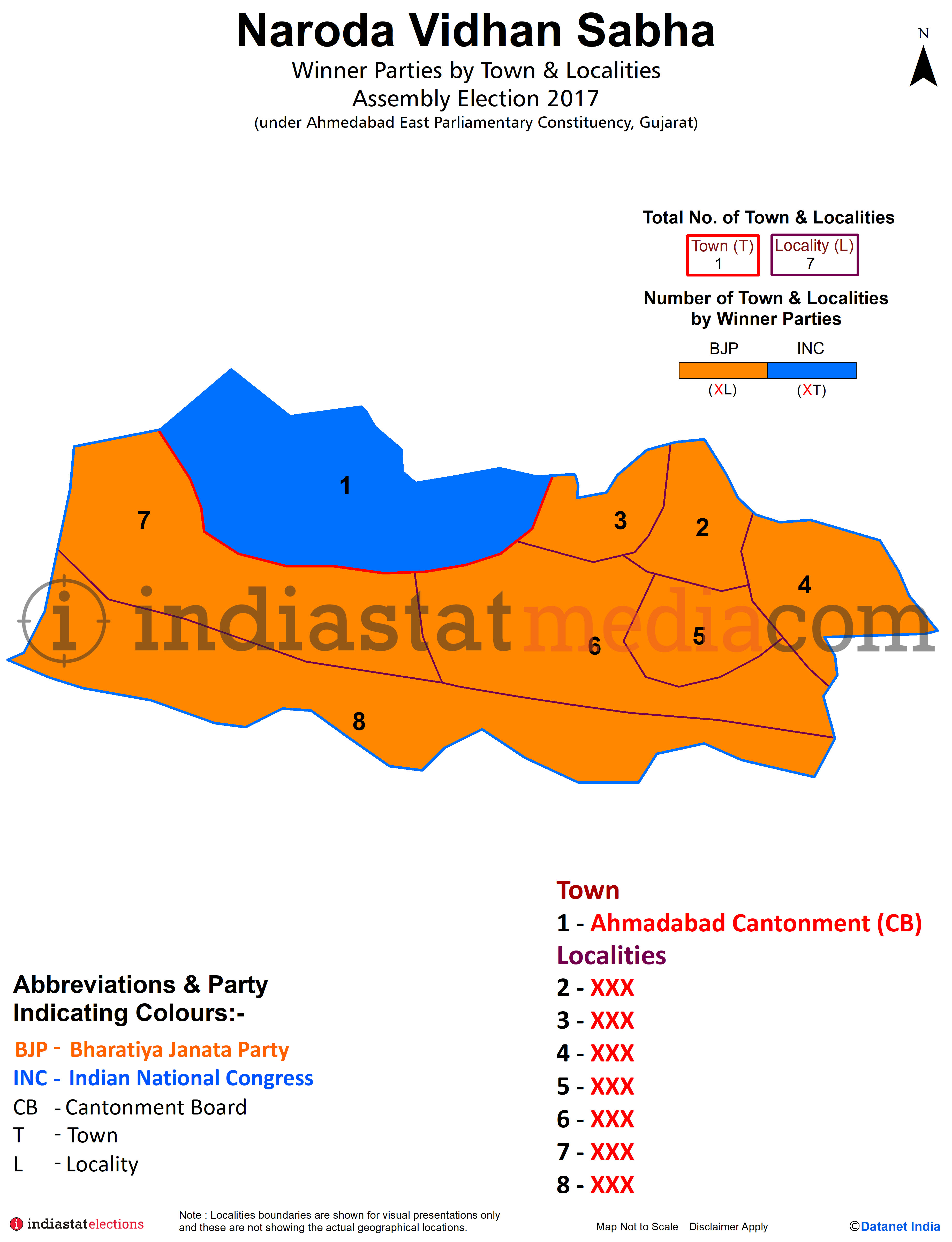 Winner Parties by Town and Localities in Naroda Assembly Constituency under Ahmedabad East Parliamentary Constituency in Gujarat (Assembly Election - 2017)