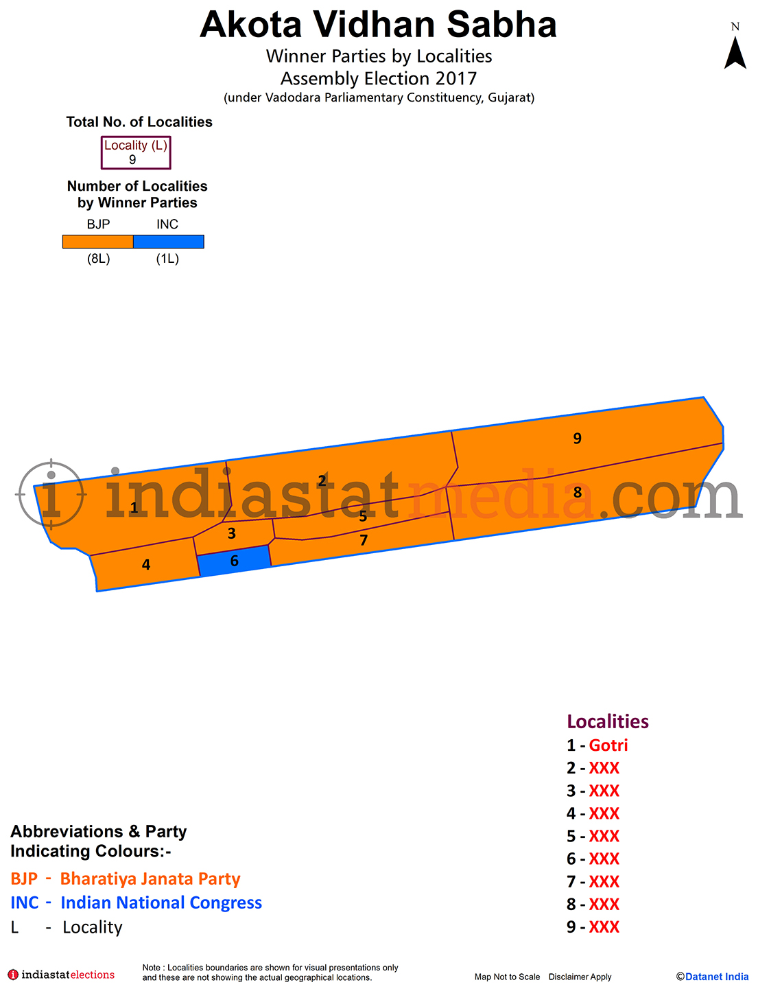 Winner Parties by Localities in Akota Assembly Constituency under Vadodara Parliamentary Constituency in Gujarat (Assembly Election - 2017)