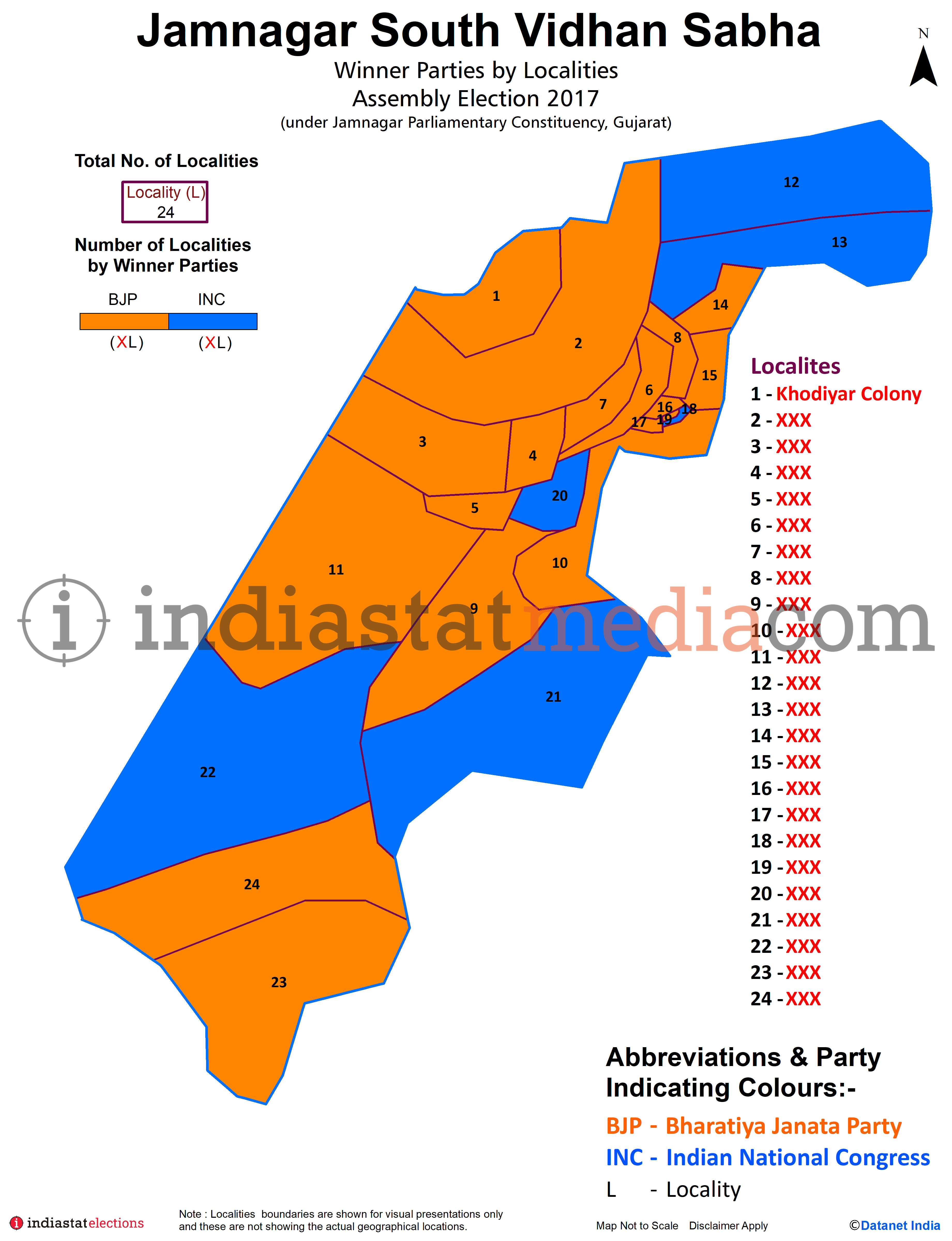 Winner Parties by Localities in Jamnagar South Assembly Constituency under Jamnagar Parliamentary Constituency in Gujarat (Assembly Election - 2017)