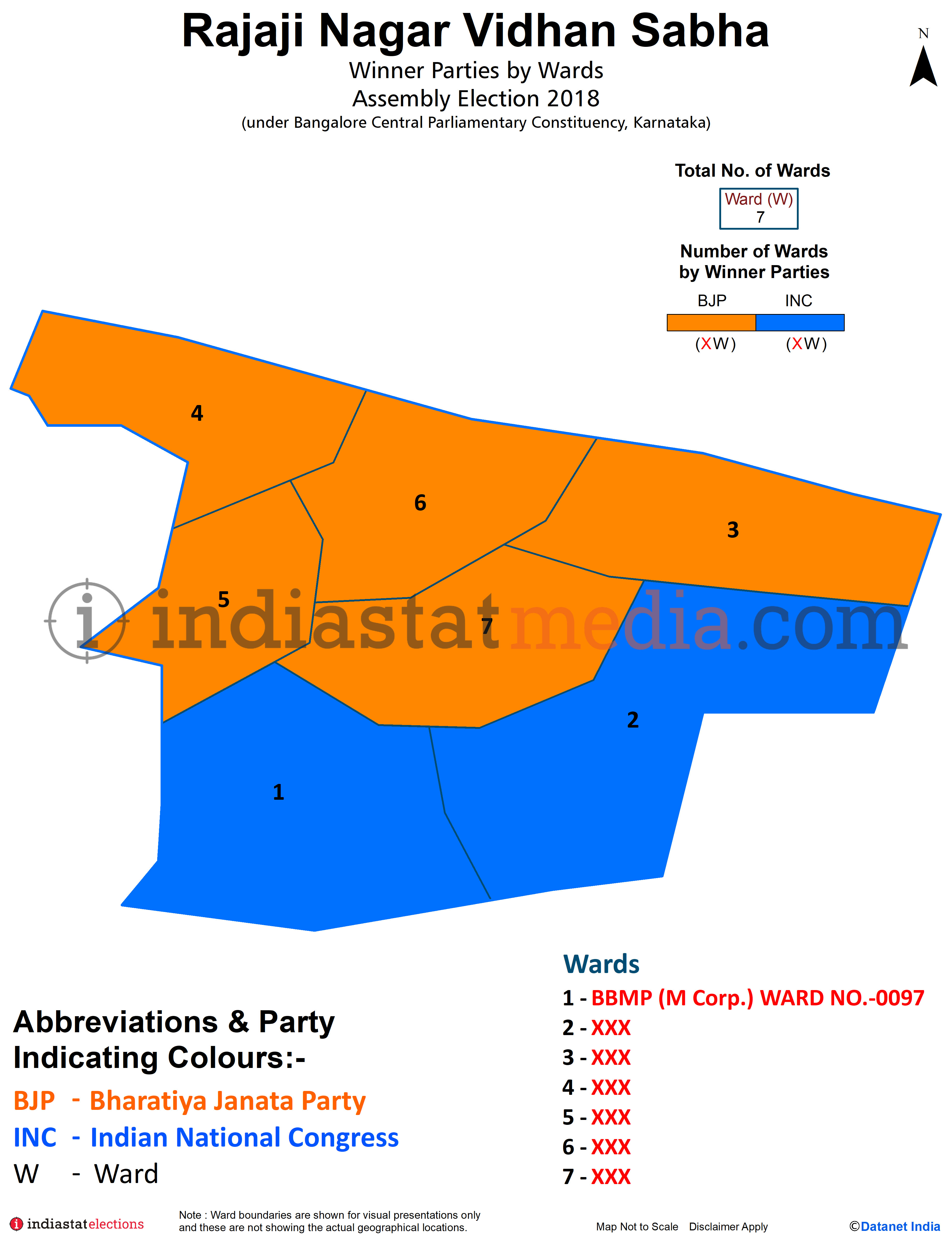 Winner Parties by Ward in Rajaji Nagar Assembly Constituency under Bangalore Central Parliamentary Constituency in Karnataka (Assembly Election - 2018)