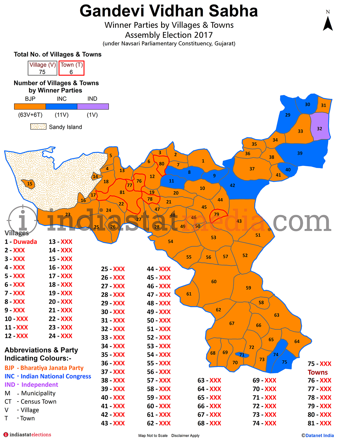 Winner Parties by Villages and Towns in Gandevi Assembly Constituency under Navsari Parliamentary Constituency in Gujarat (Assembly Election - 2017)