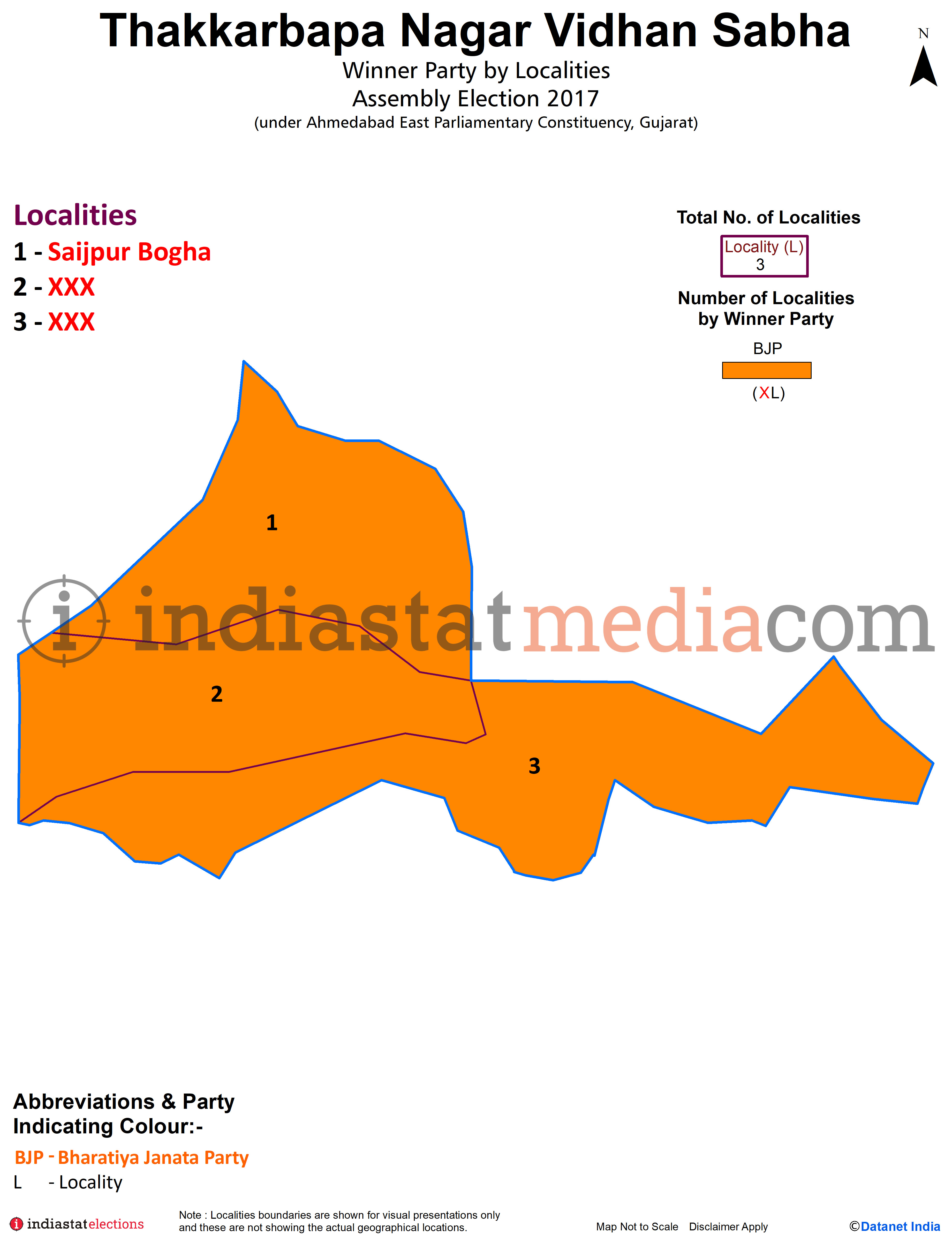 Winner Parties by Localities in Thakkarbapa Nagar Assembly Constituency under Ahmedabad East Parliamentary Constituency in Gujarat (Assembly Election - 2017)