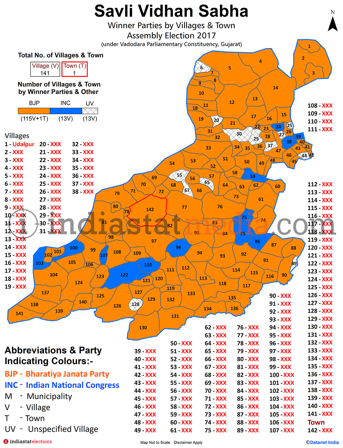Winner Parties by Villages and Town in Savli Assembly Constituency under Vadodara Parliamentary Constituency in Gujarat (Assembly Election - 2017)