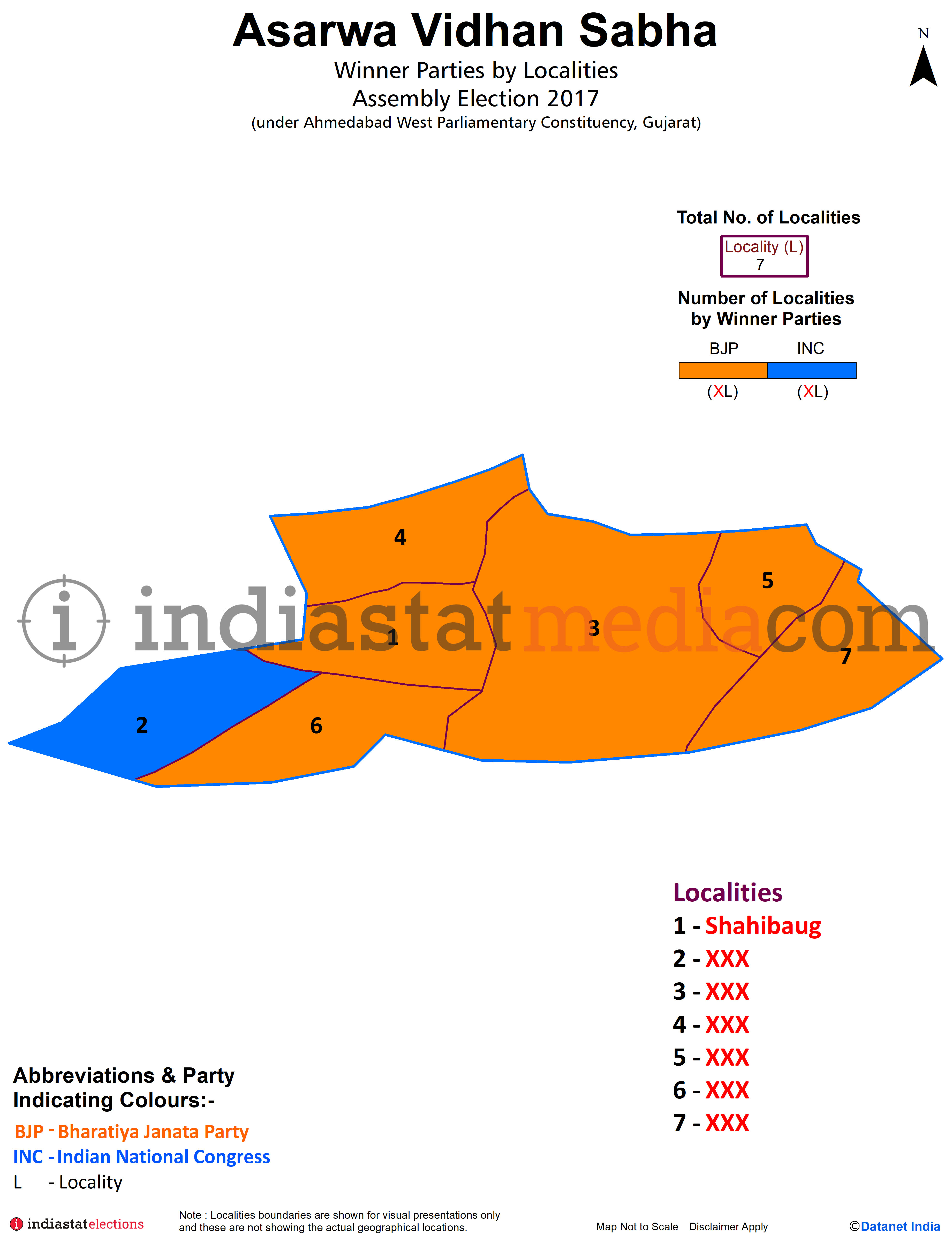 Winner Parties by Localities in Asarwa Assembly Constituency under Ahmedabad West Parliamentary Constituency in Gujarat (Assembly Election - 2017)