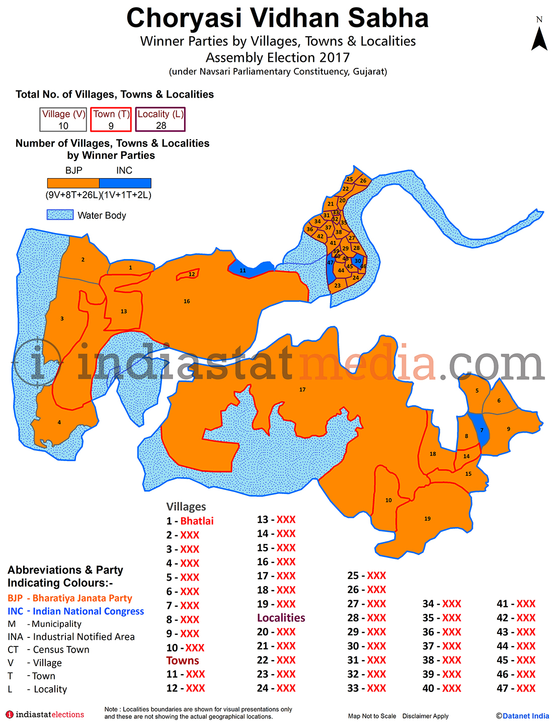 Winner Parties by Villages, Towns & Localities in Choryasi Assembly Constituency under Navsari Parliamentary Constituency in Gujarat (Assembly Election - 2017)