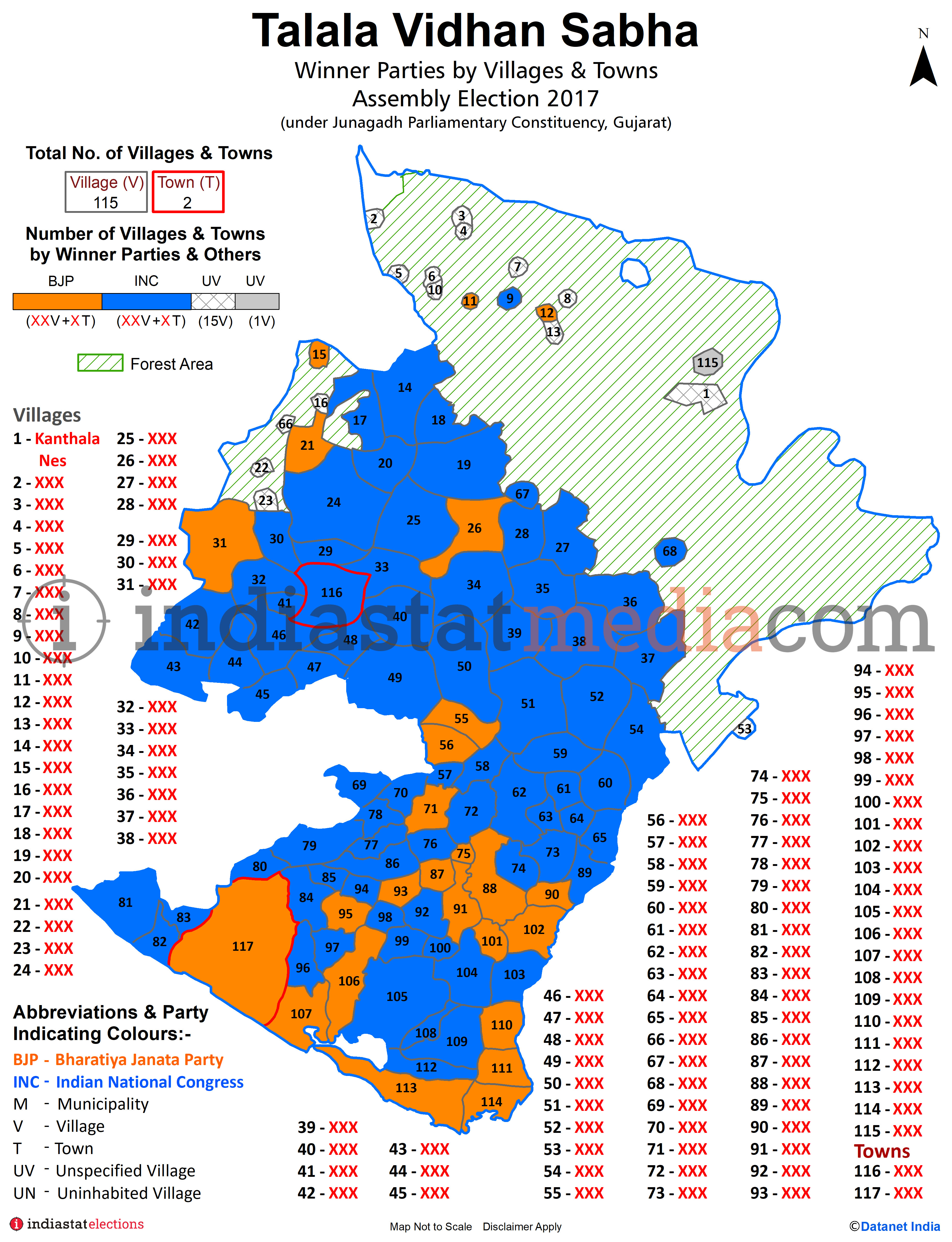 Winner Parties by Villages and Towns in Talala Assembly Constituency under Junagadh Parliamentary Constituency in Gujarat (Assembly Election - 2017)