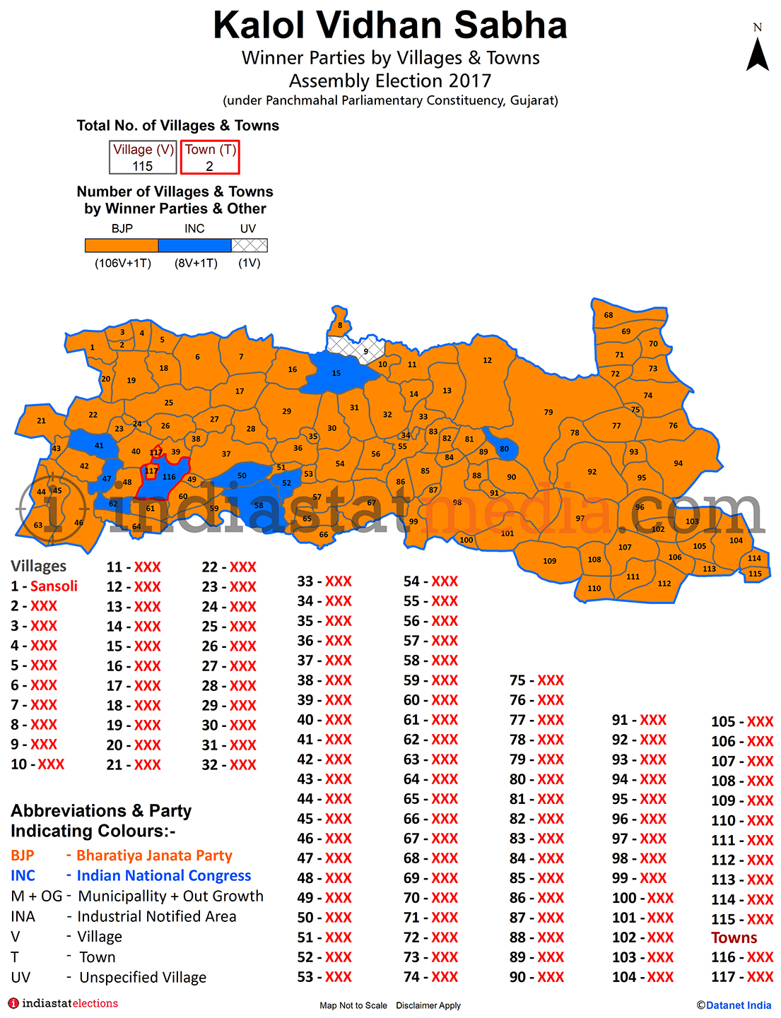 Winner Parties by Villages and Towns in Kalol Assembly Constituency under Panchmahal Parliamentary Constituency in Gujarat (Assembly Election - 2017)