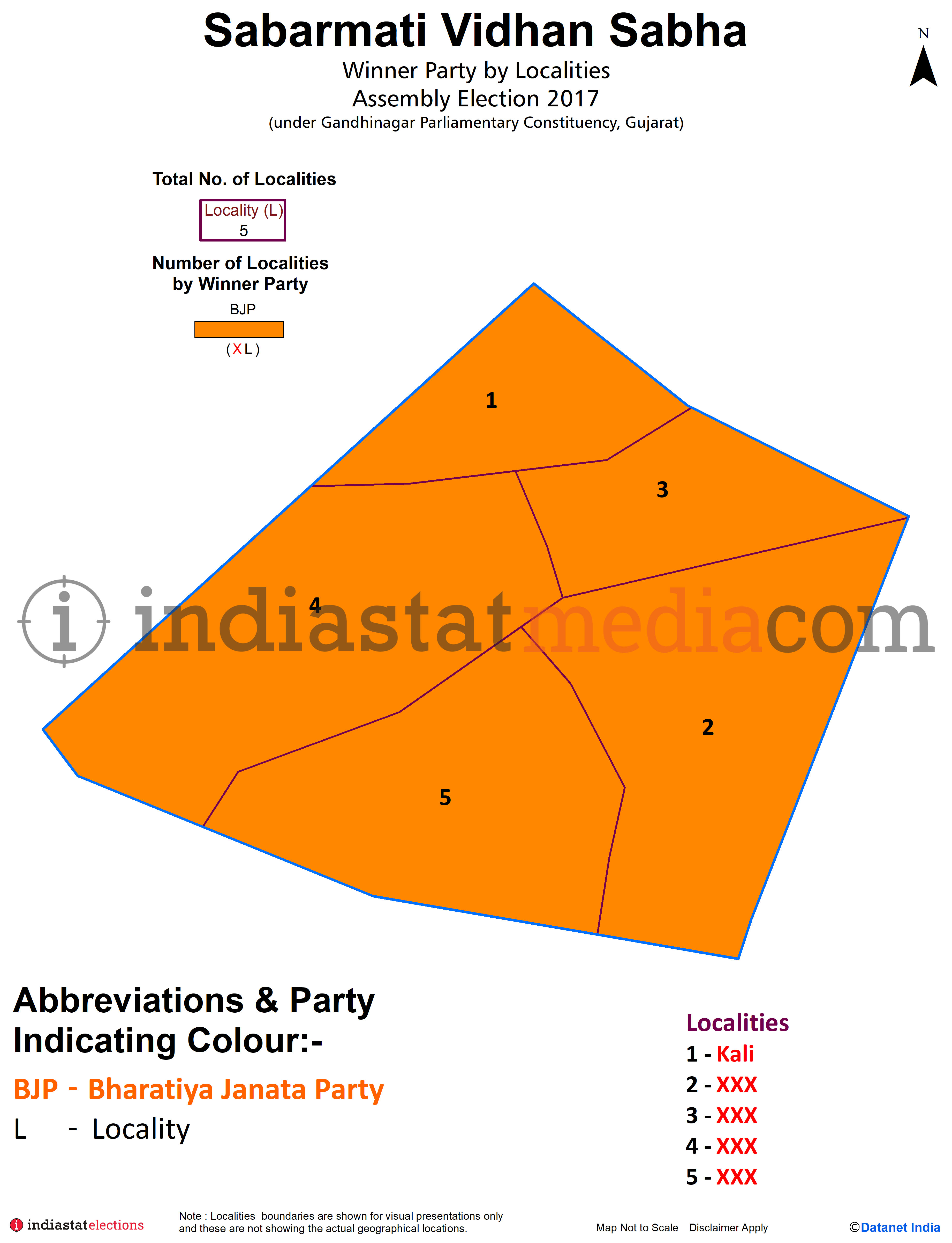Winner Parties by Localities in Sabarmati Assembly Constituency under Gandhinagar Parliamentary Constituency in Gujarat (Assembly Election - 2017)