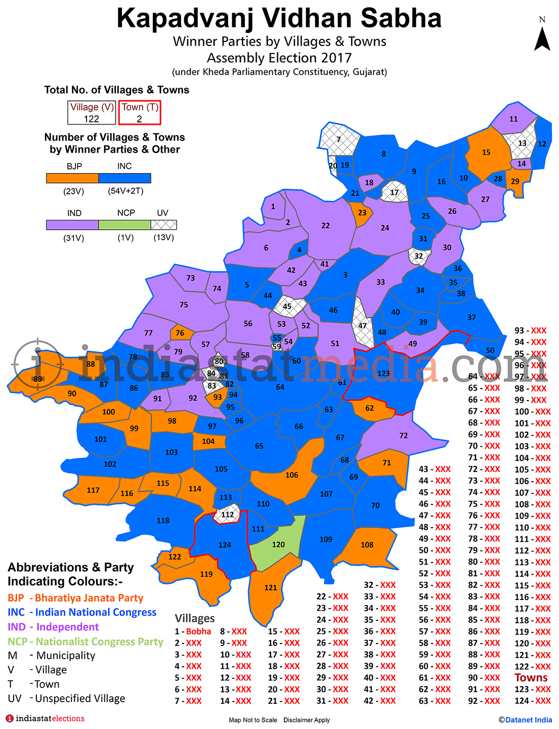 Winner Parties by Villages and Towns in Kapadvanj Assembly Constituency under Kheda Parliamentary Constituency in Gujarat (Assembly Election - 2017)