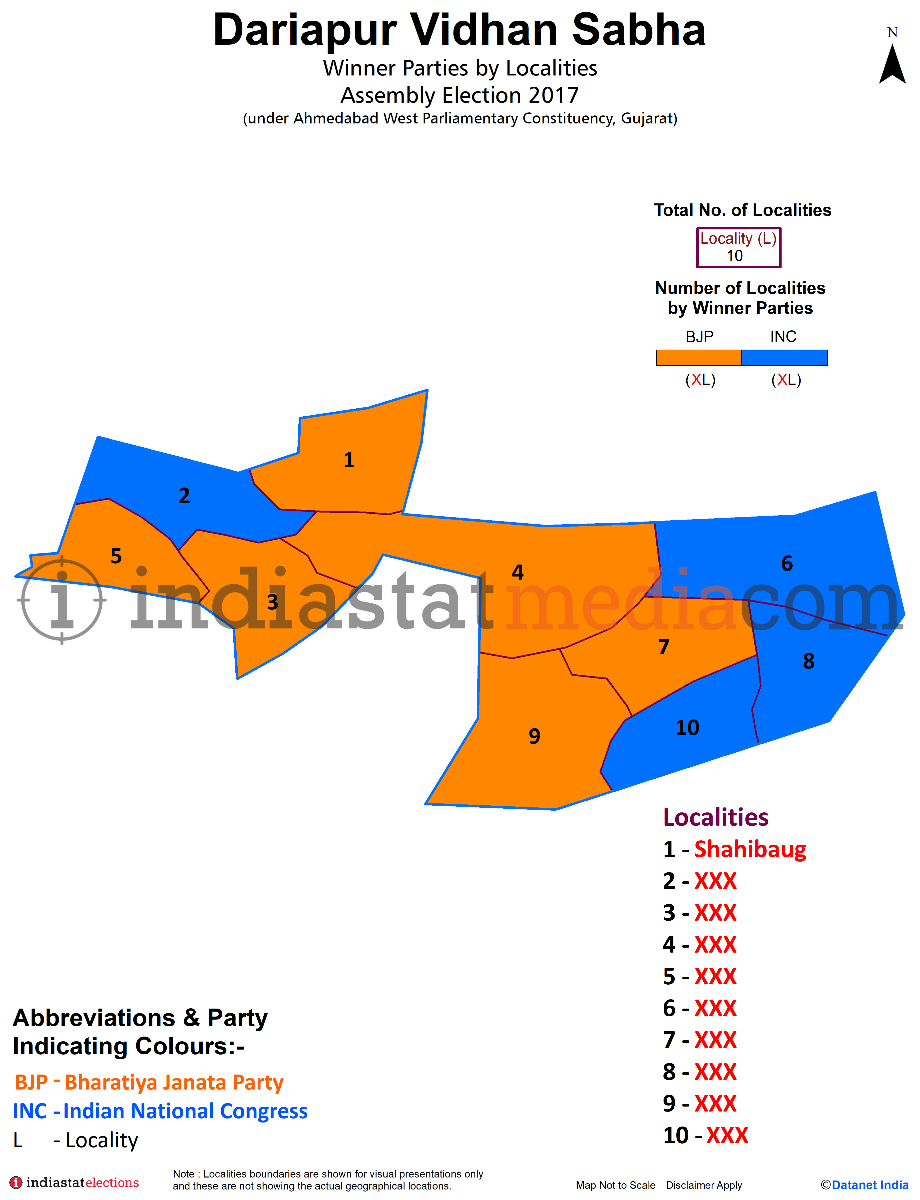 Winner Parties by Localities in Dariapur Assembly Constituency under Ahmedabad West Parliamentary Constituency in Gujarat (Assembly Election - 2017)