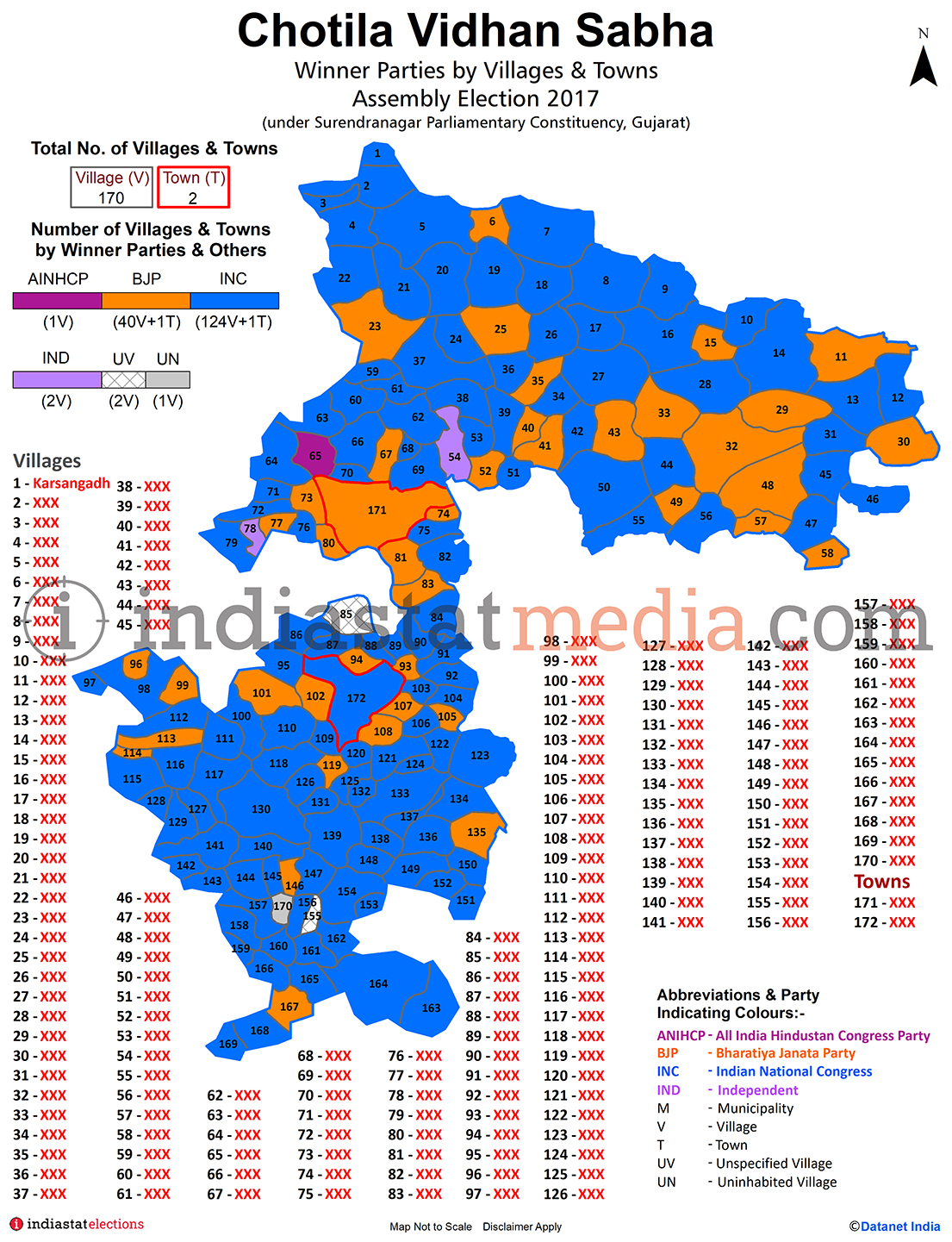 Winner Parties by Villages and Towns in Chotila Assembly Constituency under Surendranagar Parliamentary Constituency in Gujarat (Assembly Election - 2017)