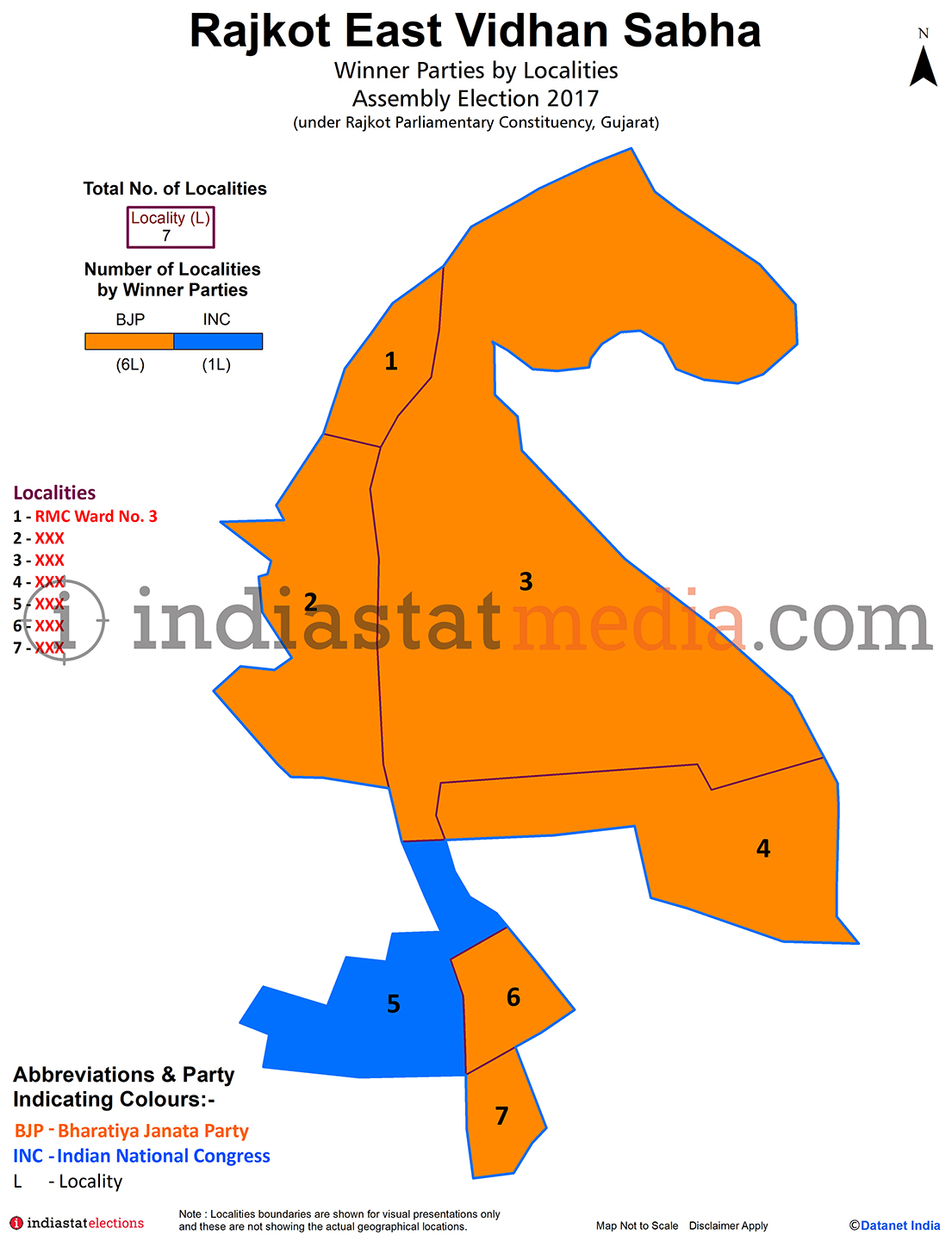 Winner Parties by Localities in Rajkot East Assembly Constituency under Rajkot Parliamentary Constituency in Gujarat (Assembly Election - 2017)