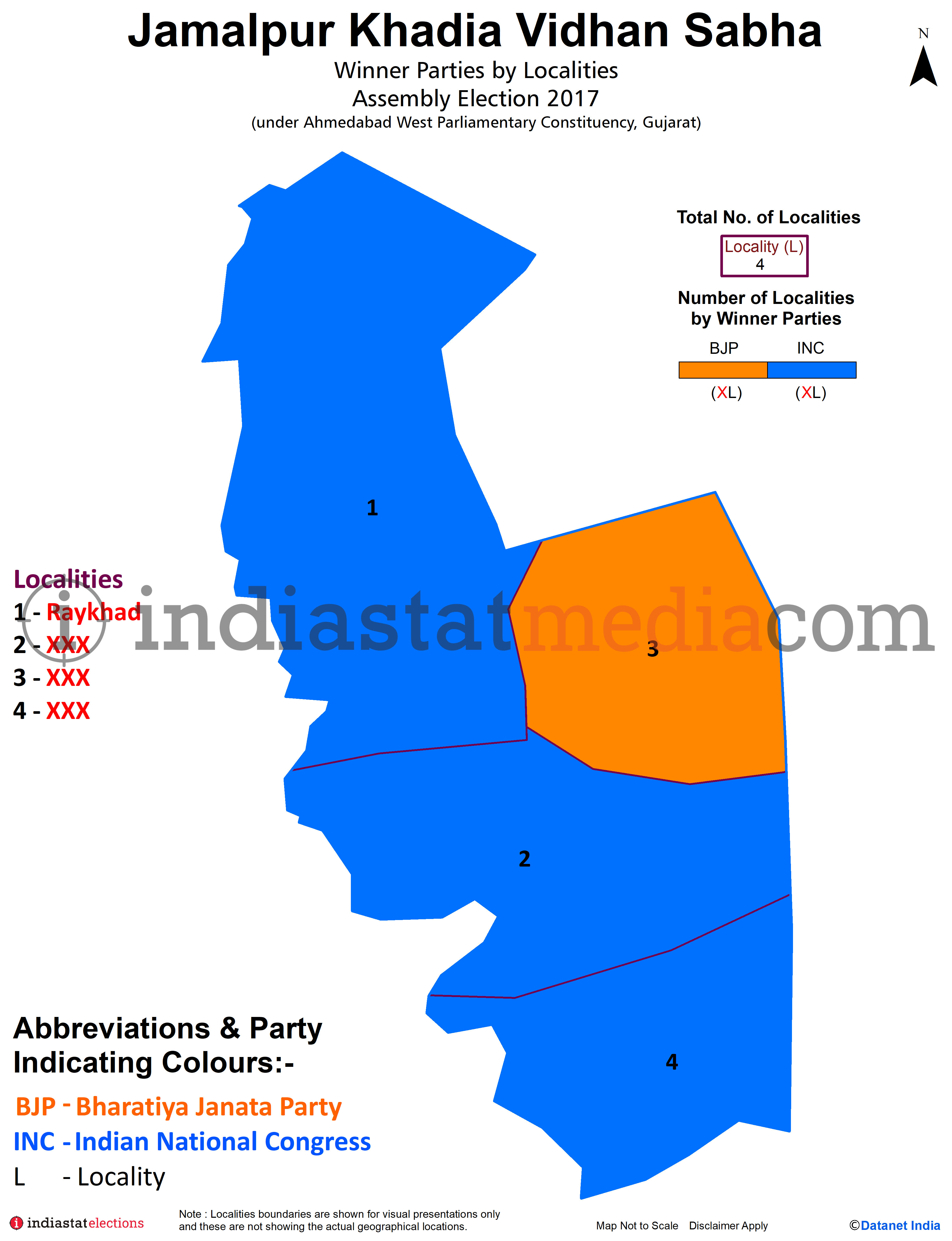 Winner Parties by Localities in Jamalpur Khadia Assembly Constituency under Ahmedabad West Parliamentary Constituency in Gujarat (Assembly Election - 2017)