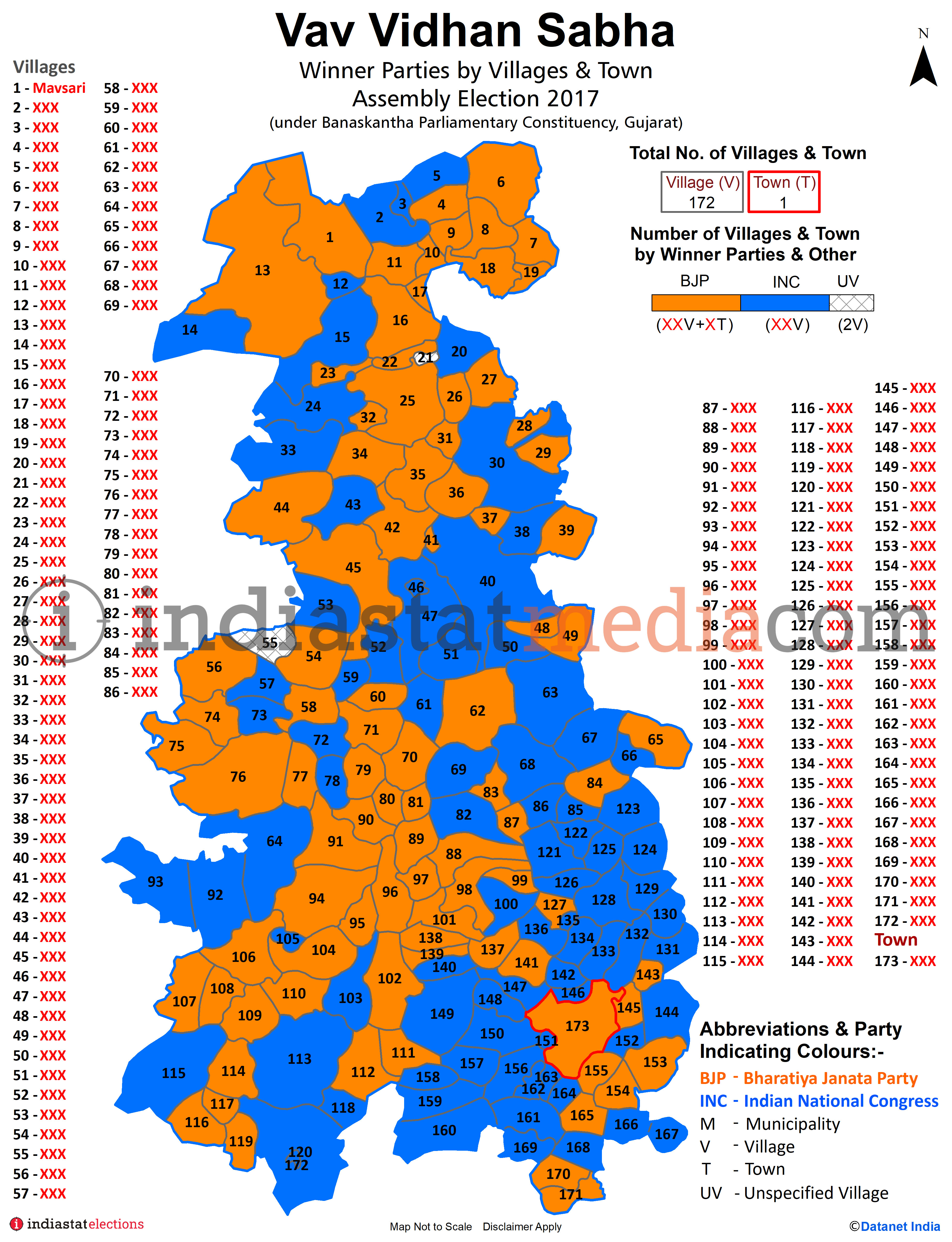 Winner Parties by Villages and Town in Vav Assembly Constituency under Banaskantha Parliamentary Constituency in Gujarat (Assembly Election - 2017)