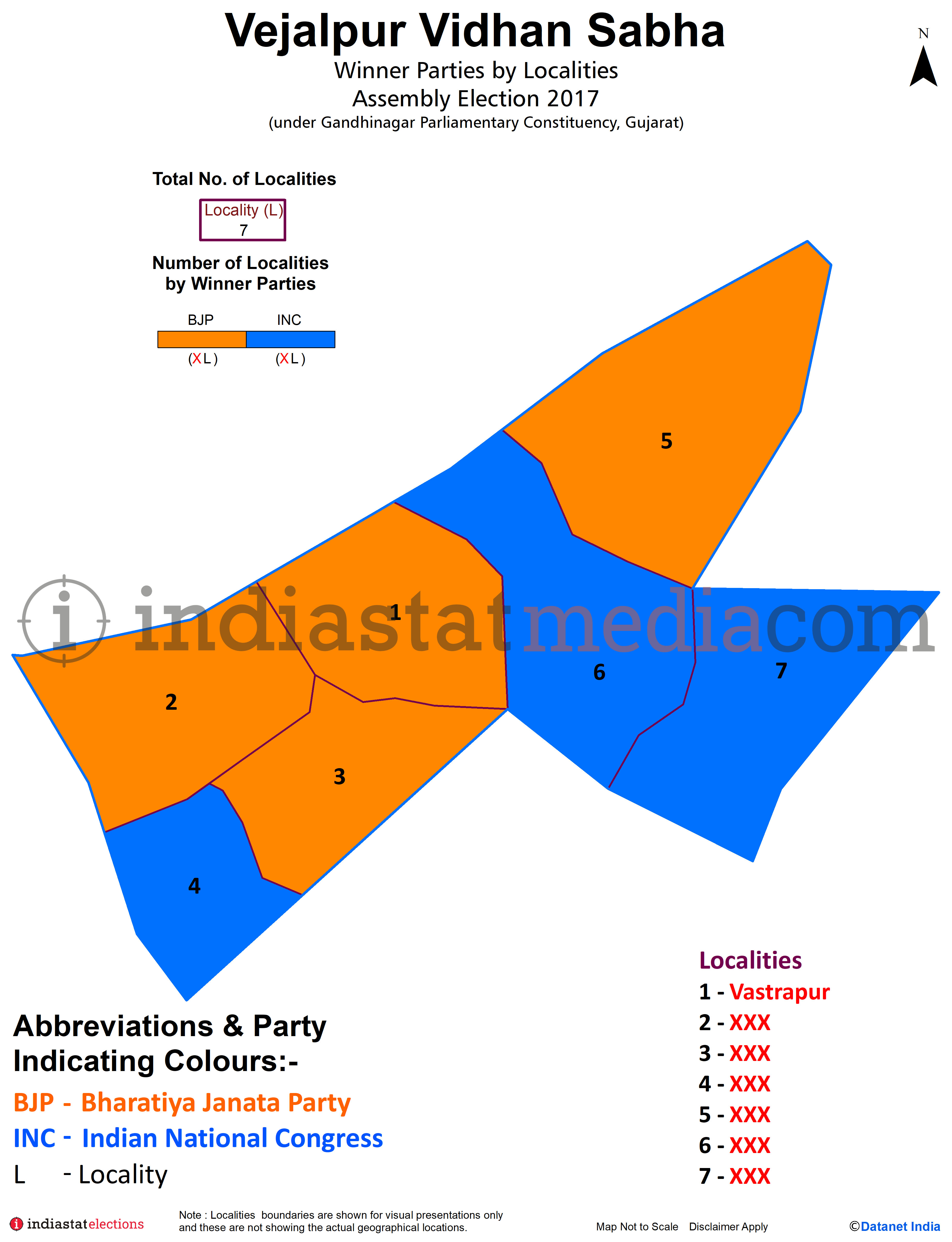 Winner Parties by localities in Vejalpur Assembly Constituency under Gandhinagar Parliamentary Constituency in Gujarat (Assembly Election - 2017)