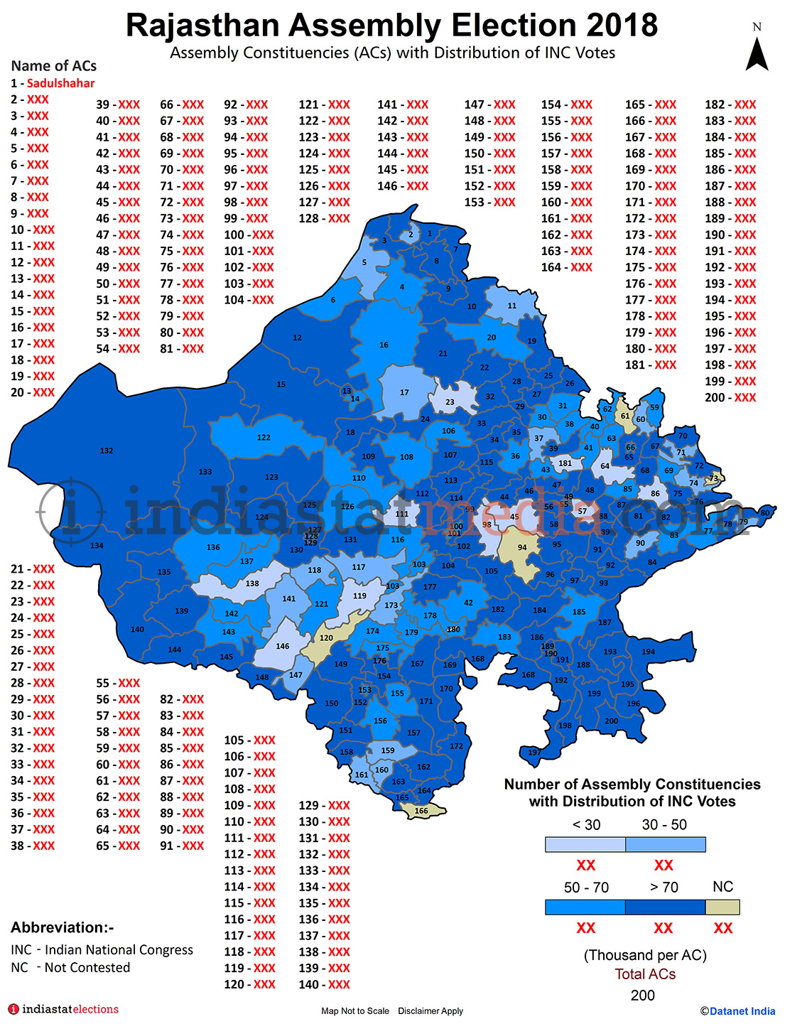 Distribution of INC Votes by Constituencies in Rajasthan (Assembly Election - 2018)