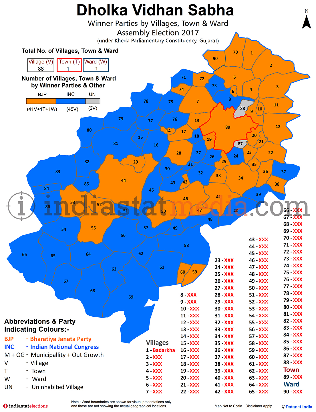 Winner Parties by Villages, Town and Ward in Dolka Assembly Constituency under Kheda Parliamentary Constituency in Gujarat (Assembly Election - 2017)